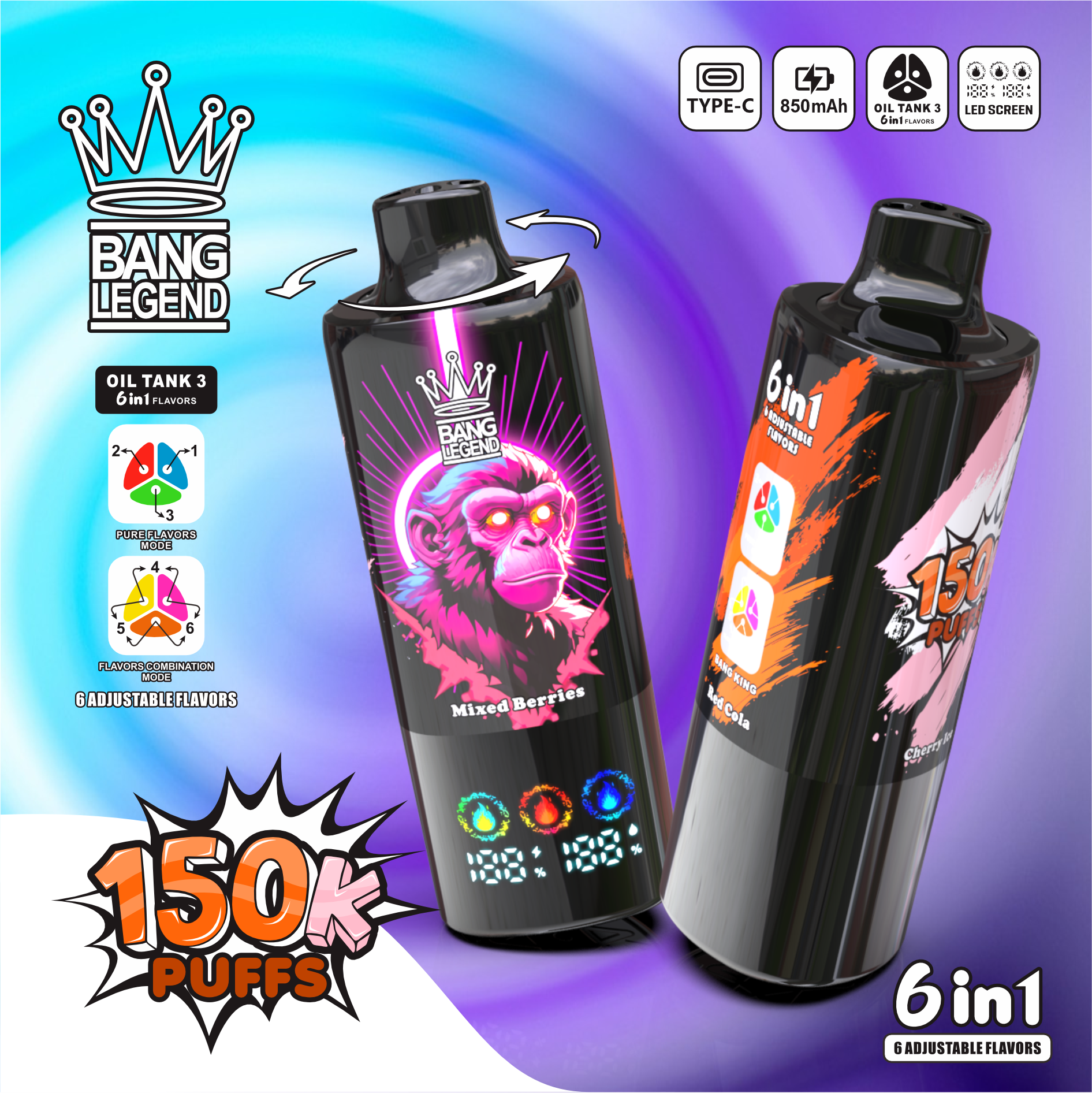 【New Arrive】Bang Legend 150000 150K Puffs 6 in 1 Flavors Newest Original Rechargeable LED Display Disposable Vape
