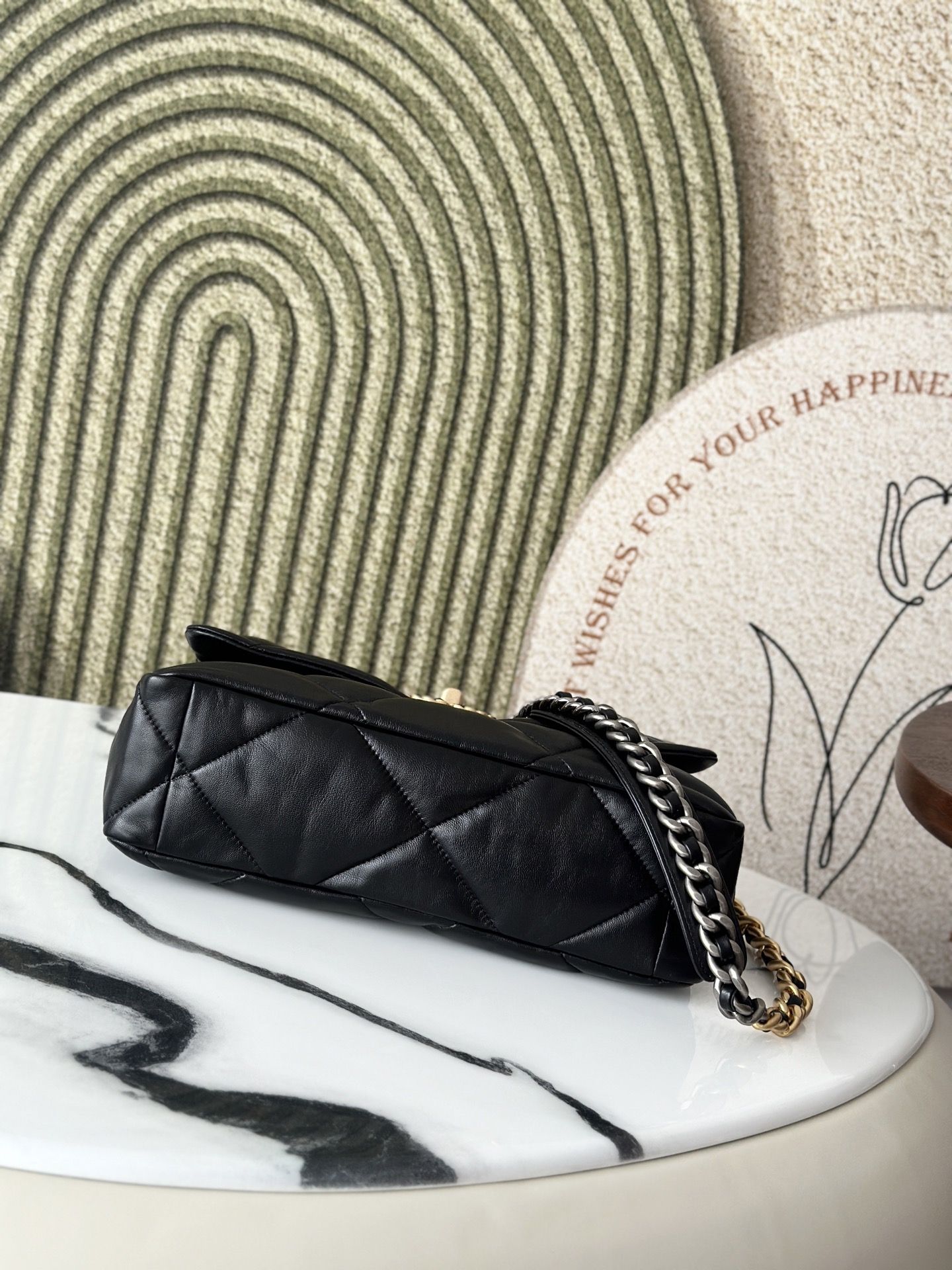 19 Black Goatskin Quilted Flap Bag with Mixed Metal Hardware - Mocuir