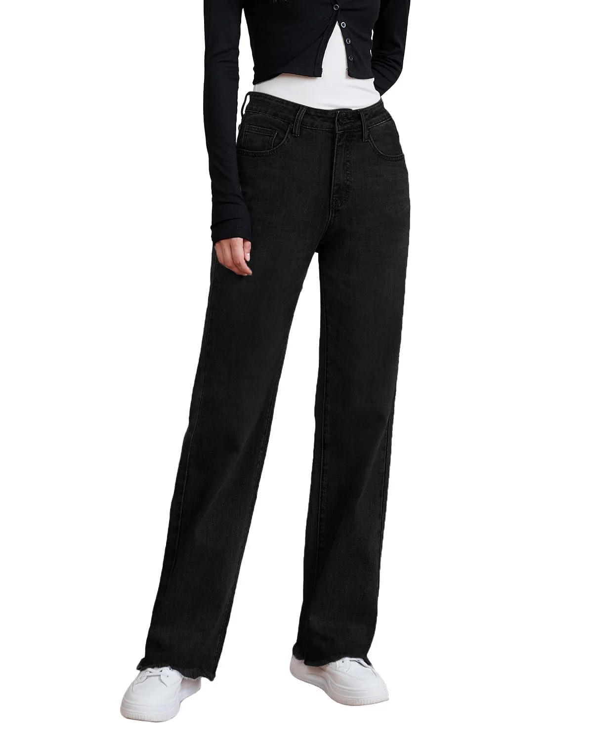 Womens High Waisted Jeans Stretchy Straight Leg Loose Fit Tummy Control Raw Hem Denim Pants Trendy