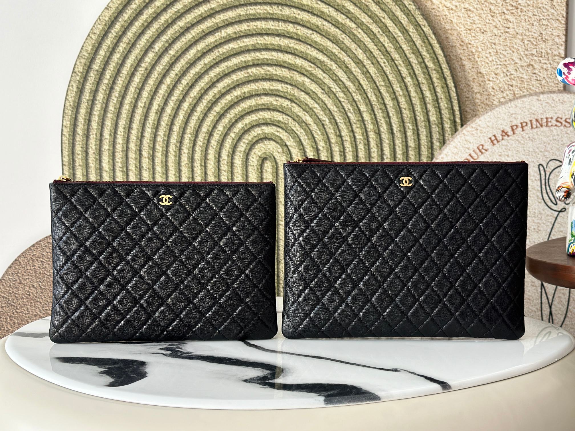 Classic Quilted Caviar Large Zip Pouch Document Case in Black with Gold-Tone Hardware - Mocuir