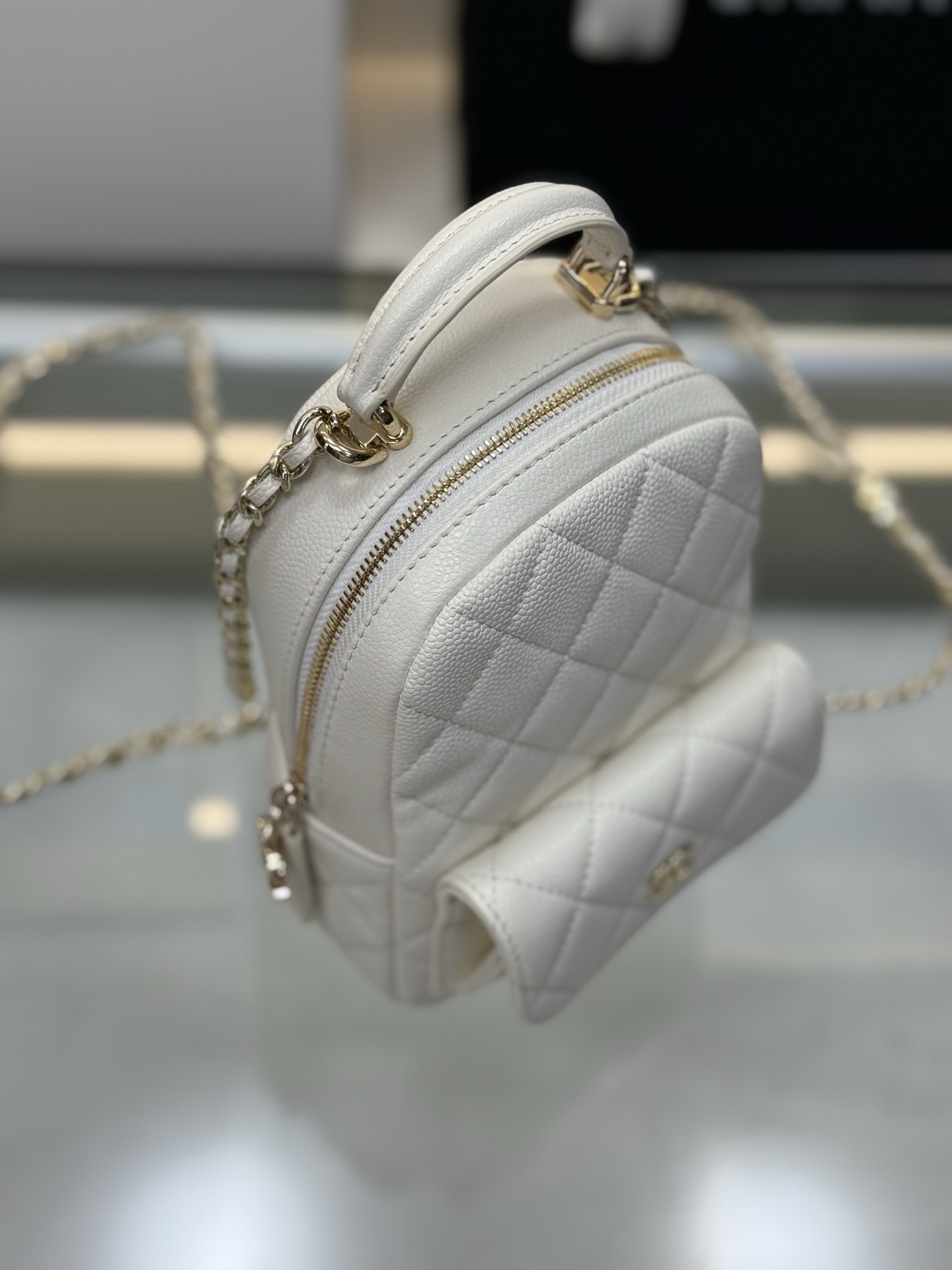 Mini Backpack with Chain (AS3787) in White Caviar Leather with Gold-Tone Hardware, 24C Cruise Collection - Mocuir