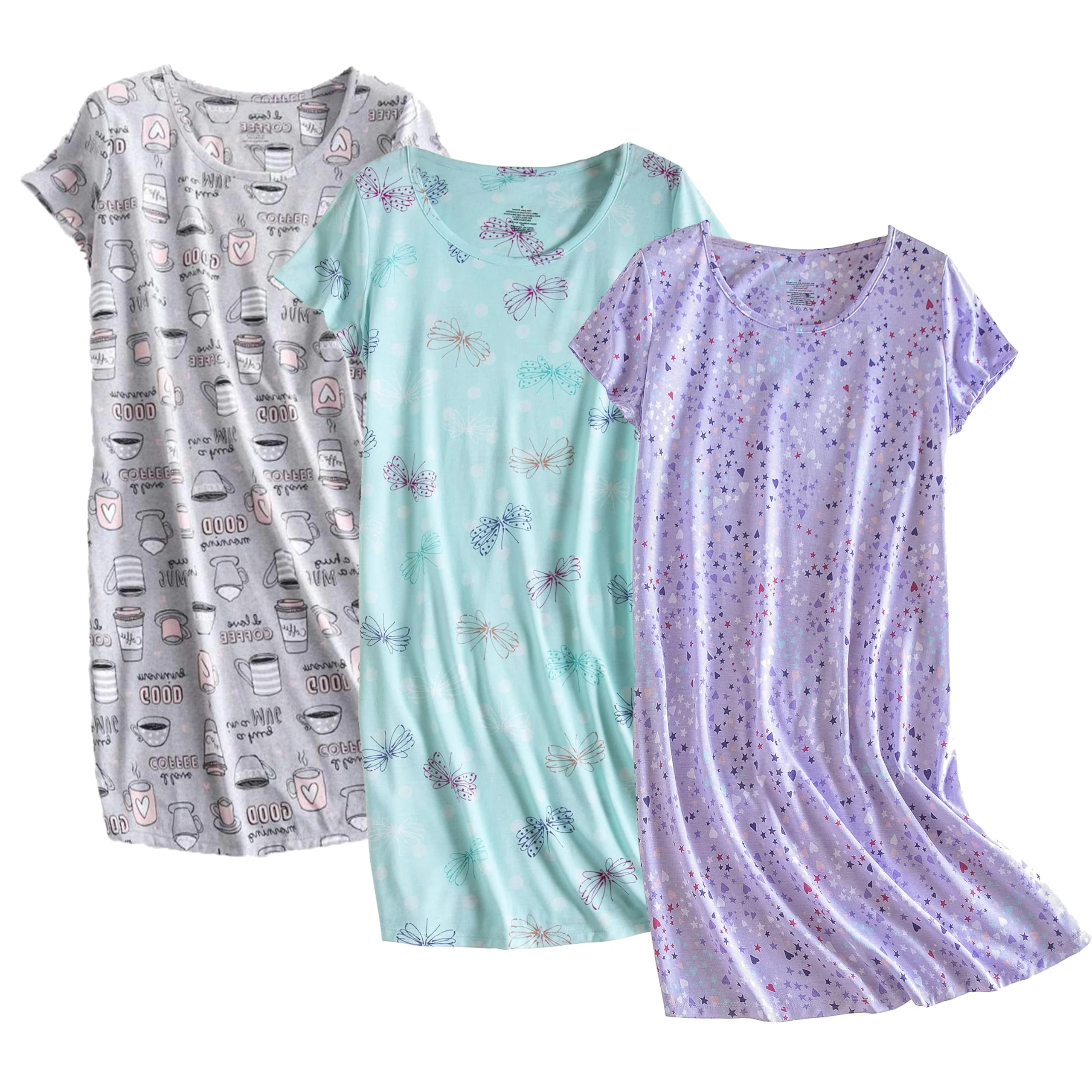 3 Pack Women's Cotton Nightgown Sleepwear Short Sleeves Nightshirt Fun Print Sleepdress Loose Comfy Sleepshirts Cup+Purple+Dragonfly