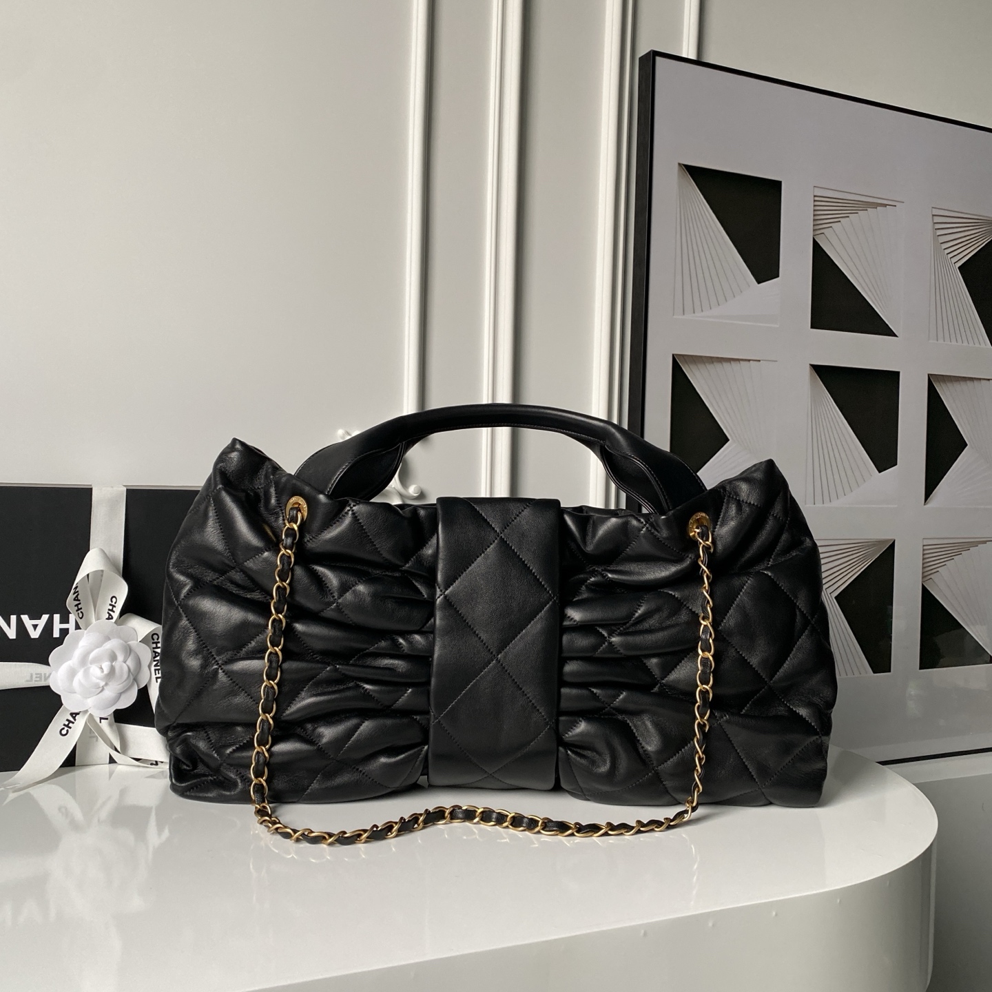 25K Large Hobo Bag (AS5846) in Black Quilted Shiny Lambskin with Light Gold-Tone Hardware - Mocuir