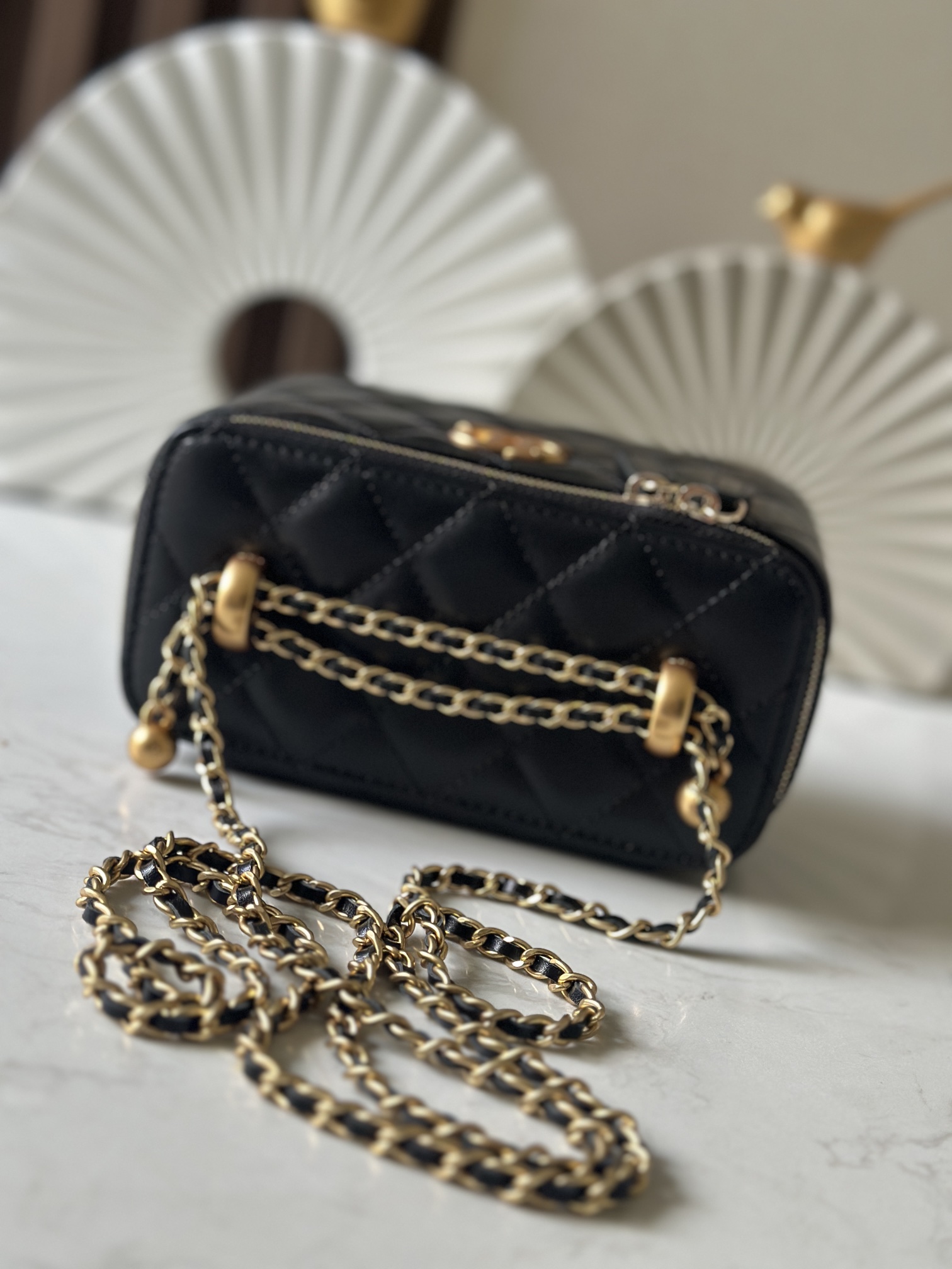 Black Shiny Lambskin Quilted Vanity Case (Long Style) with Double Gold Pearl Chain Hardware - Mocuir