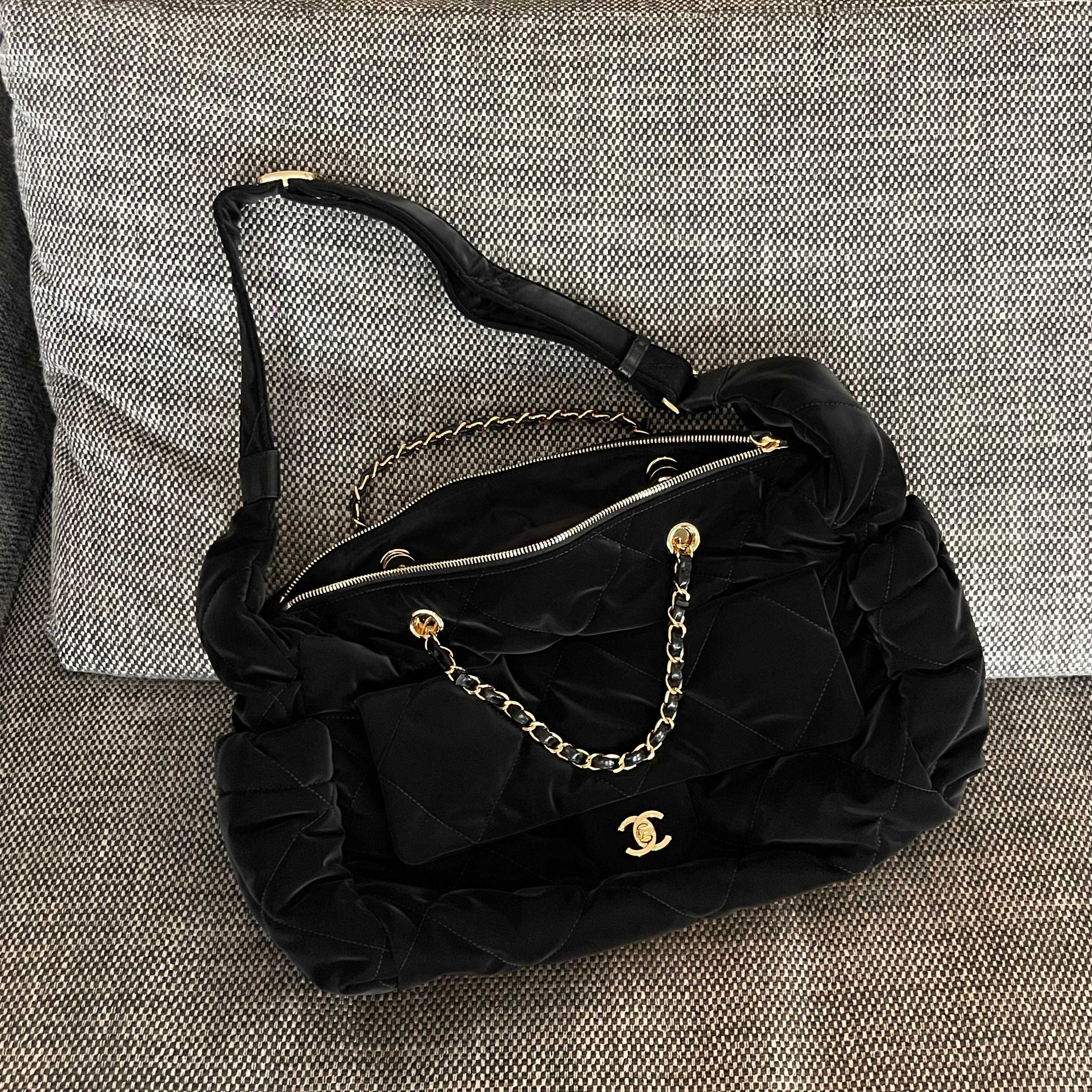 24N Coco Neige Large Hobo Bag in Black Satin Nylon (Gold Hardware) - Mocuir