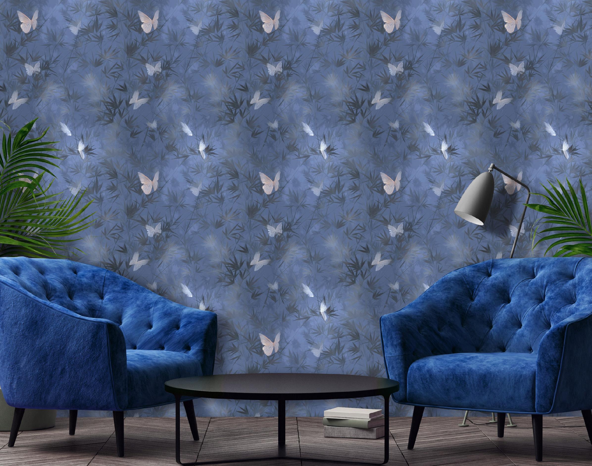 Wallpaper with leaves, butterflies, bamboo, tropical, on non-woven fabric, for living room or bedroom walls