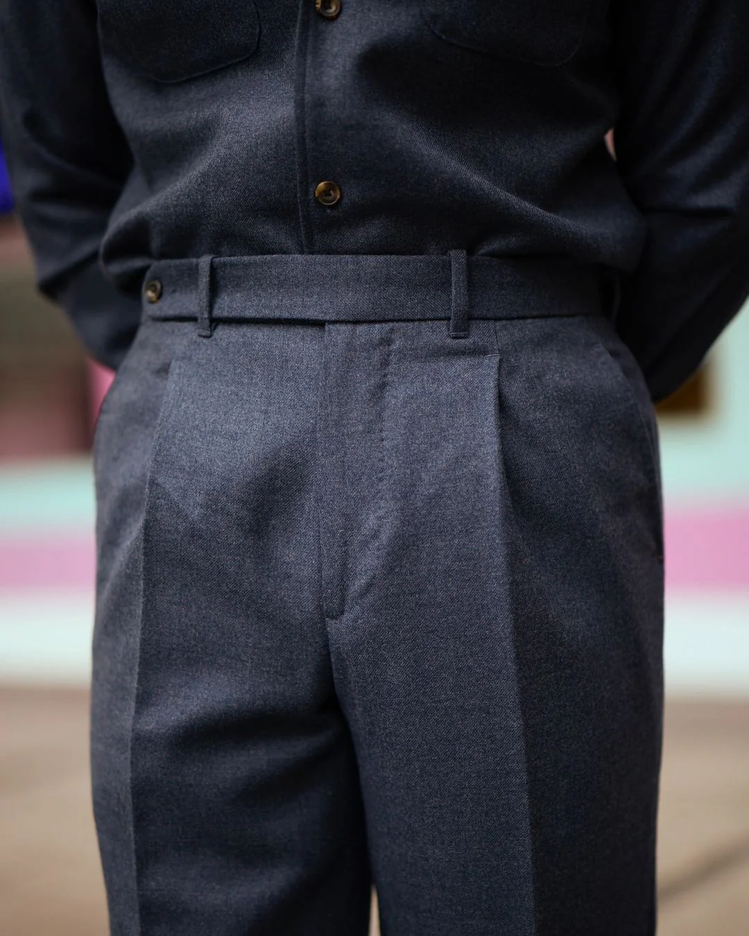 Navy Blue Wool Flannel High Rise Dress Pant