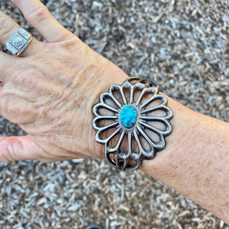 Navajo Sand Cast Sterling Silver and Turquoise Bracelet