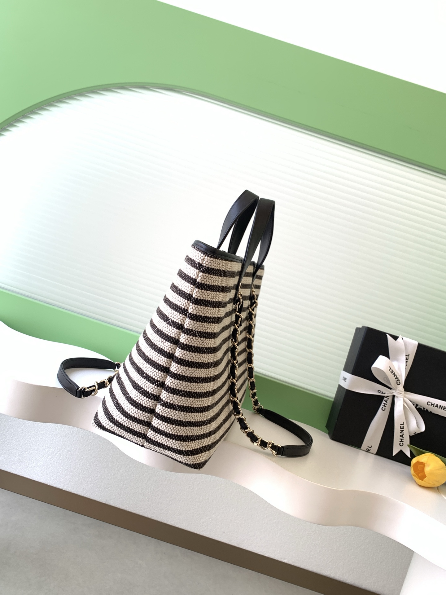 Deauville Large Striped Canvas Tote Bag in Black with Gold-Tone Hardware - Mocuir