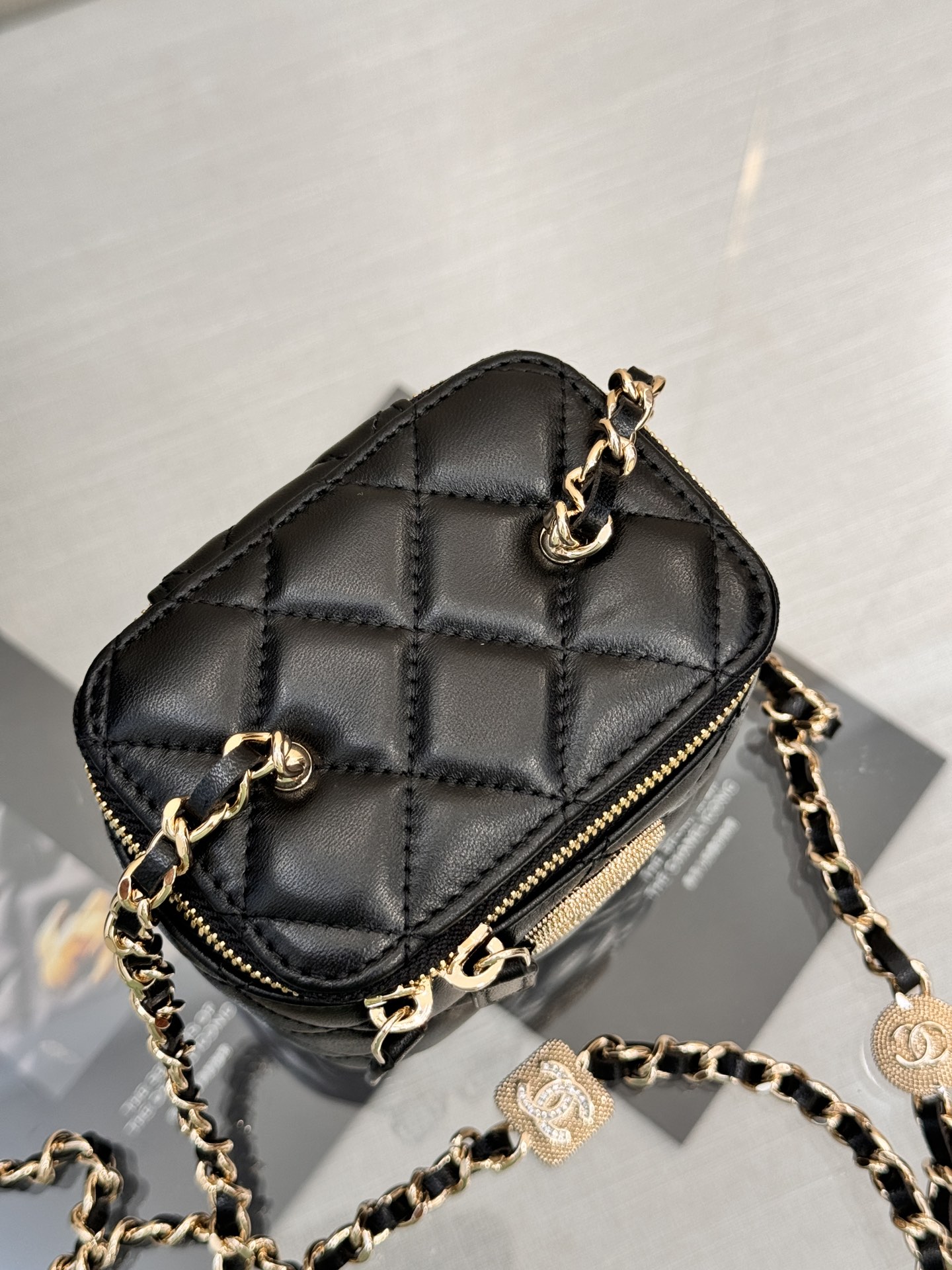 Mini Vanity Case with Chain in Black Quilted Calfskin with Crystal CC Logo & Light Gold-Tone Hardware - Mocuir