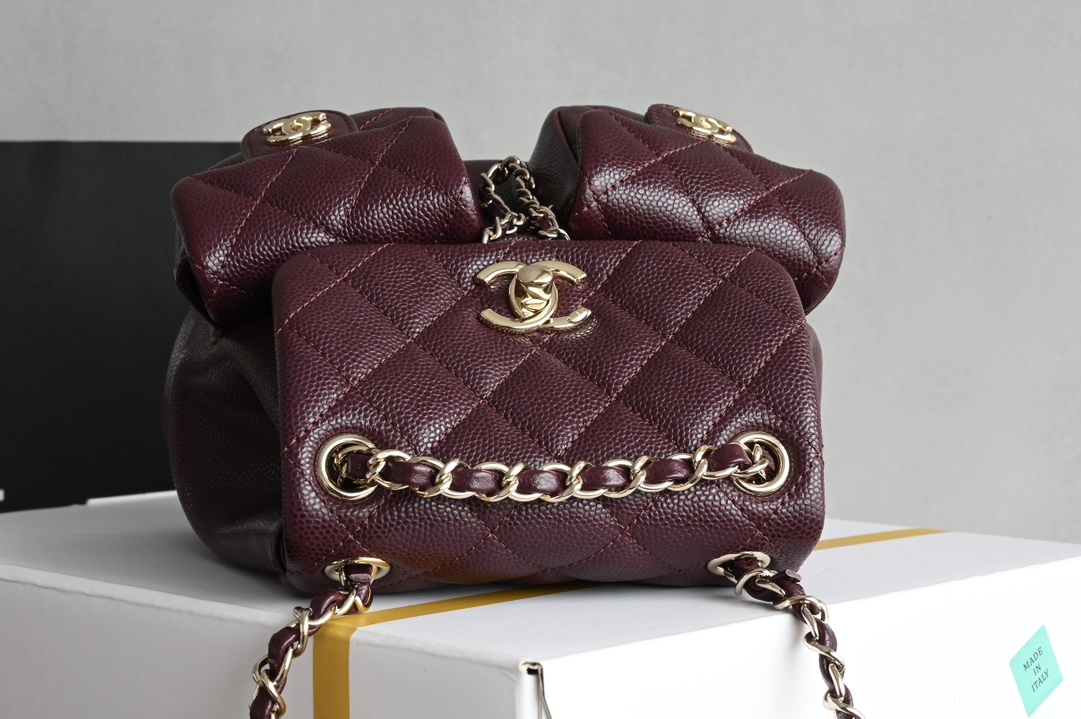 Duma Backpack in Dark Burgundy Quilted Shiny Caviar Leather with Light Gold-Tone Metal (Model AS3856) - Mocuir