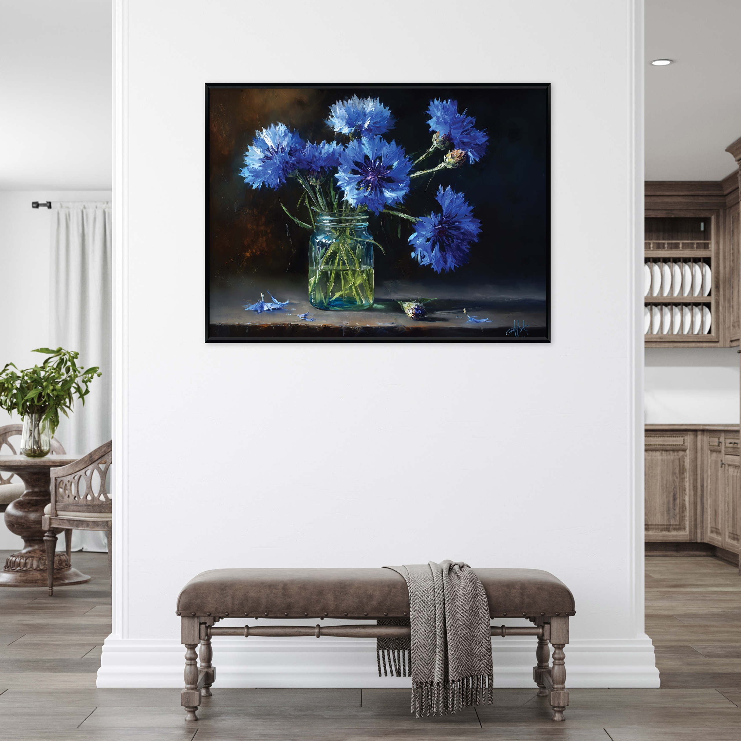 Black-framed canvas painting of flowers in a vase, living room, bedroom, 40x30