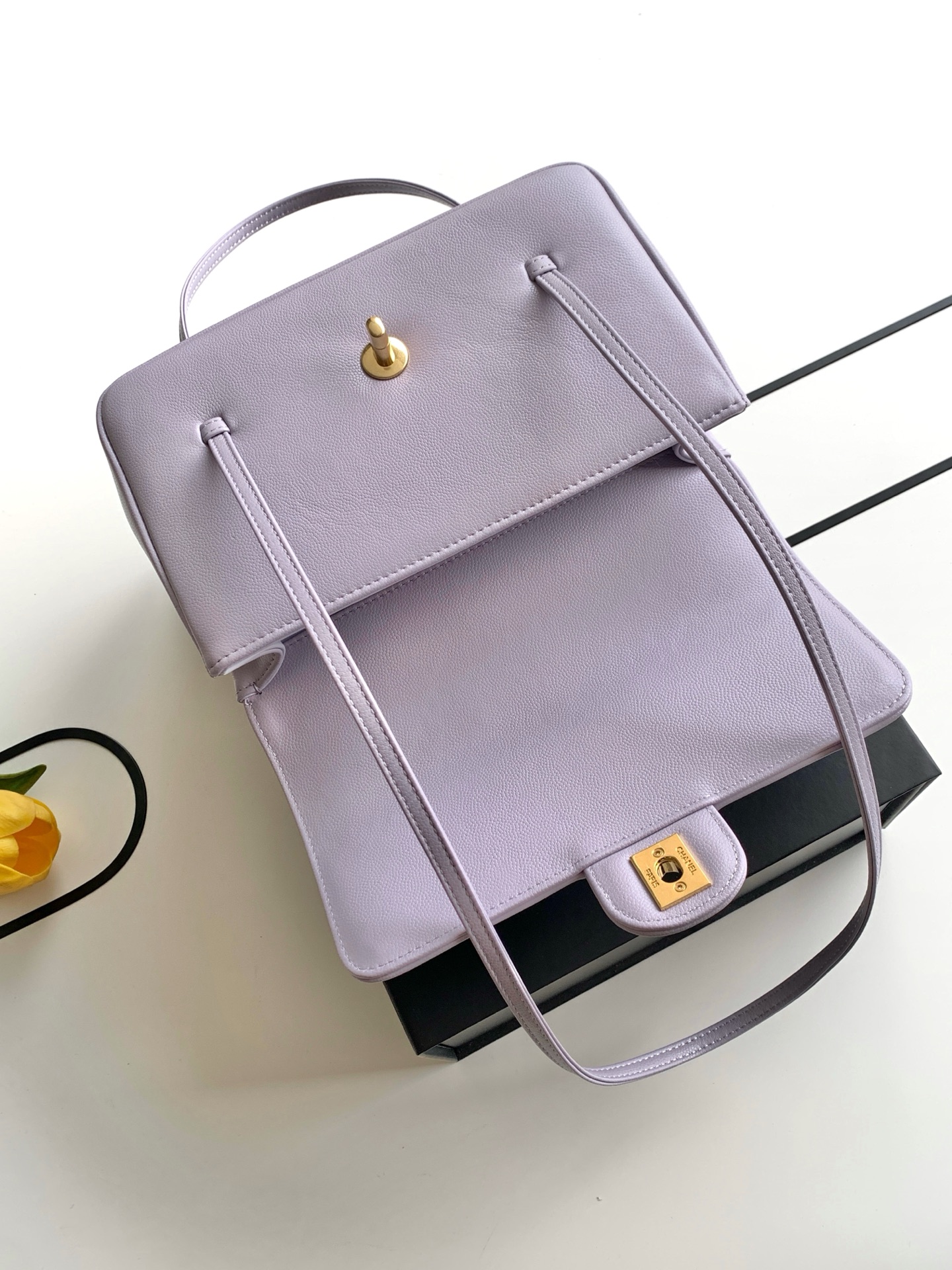 26P Preppy Coco Small Flap Bag in Lavender Grained Shiny Calfskin with Gold-Tone Hardware - Mocuir