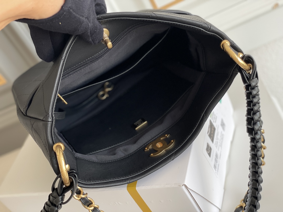 23A Fall-Winter Pre-Collection Hobo Bag in Black Calfskin with Braided Strap & Gold-Tone Hardware (Model AS4210) - Mocuir