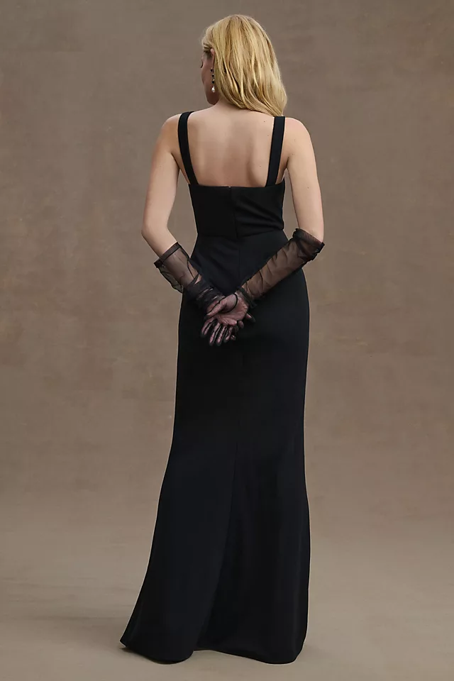 Stylish Square-Neck Crepe Side-Slit Gown BLACK