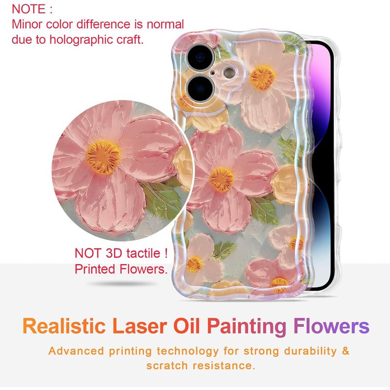 Case for iPhone 16, Colorful Retro Oil Painting Printed Flower Laser Glossy Pattern Cute Curly Wave Edge Exquisite Phone Cover Stylish Durable TPU Protective Case for Girl Women-Green