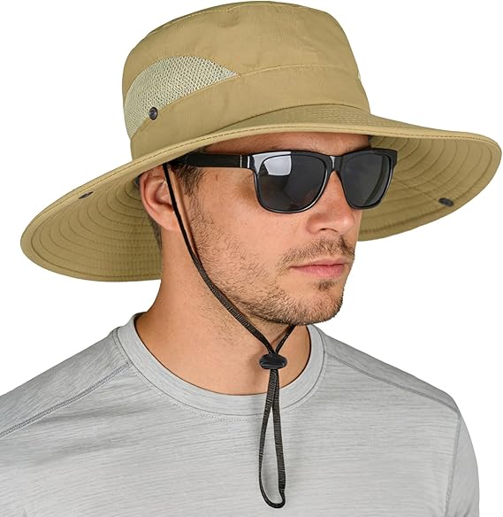 Sun Hats for Men Women, Wide Brim Safari Hats UV Protection UPF50+ Waterproof Boonie Hats for Fishing Hiking Camping