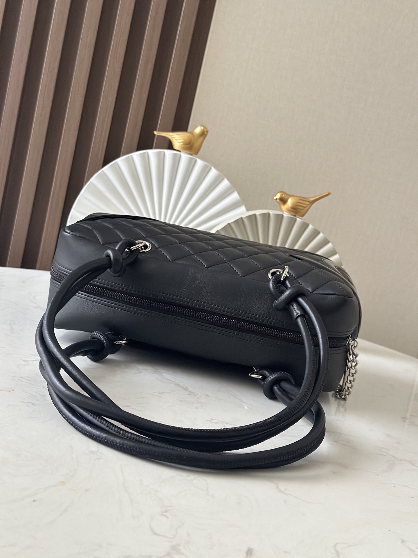 Black Quilted Cambon Bowling Bag with Silver Hardware - Mocuir