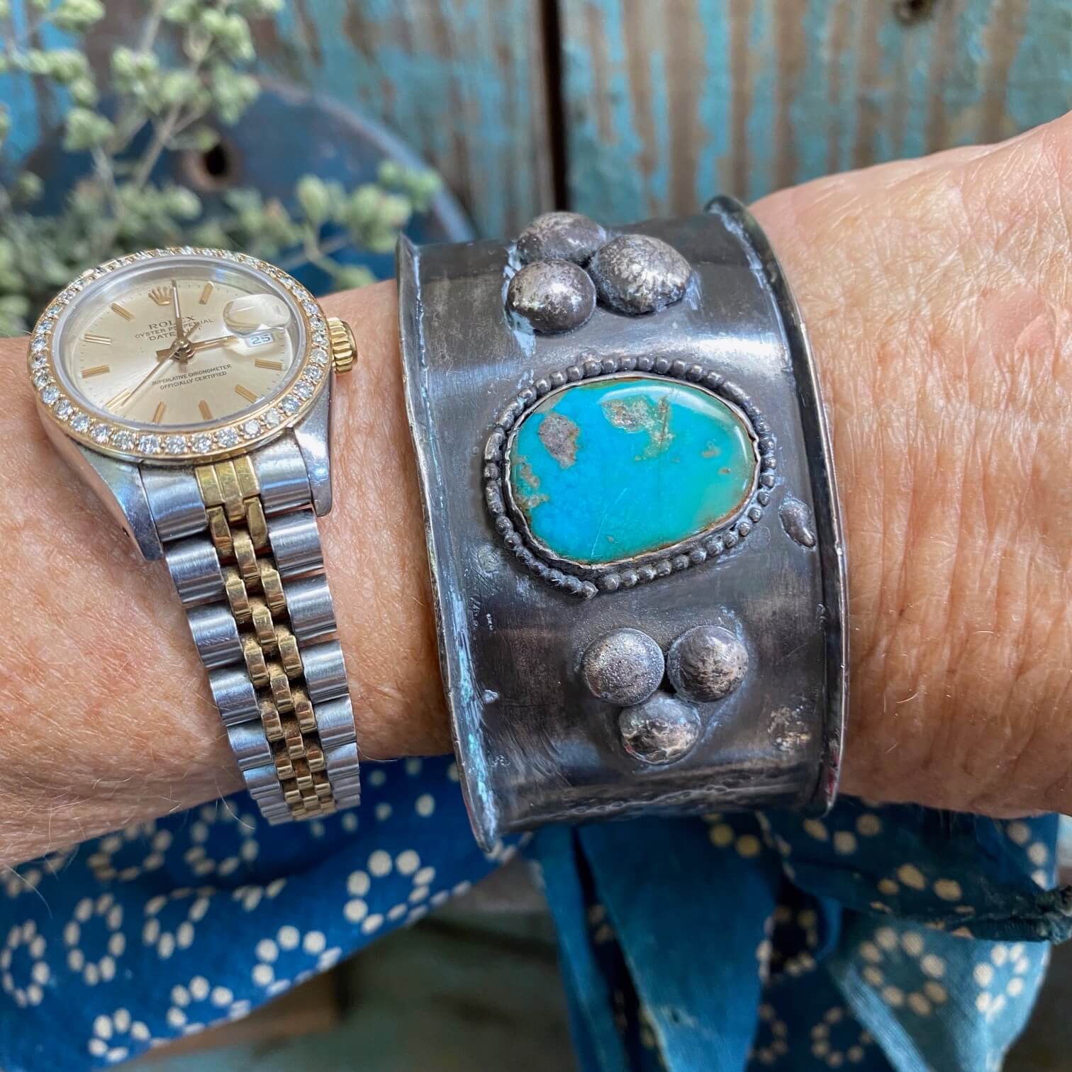 1976 Navajo Sterling Silver Turquoise Wide Cuff Inscribed
