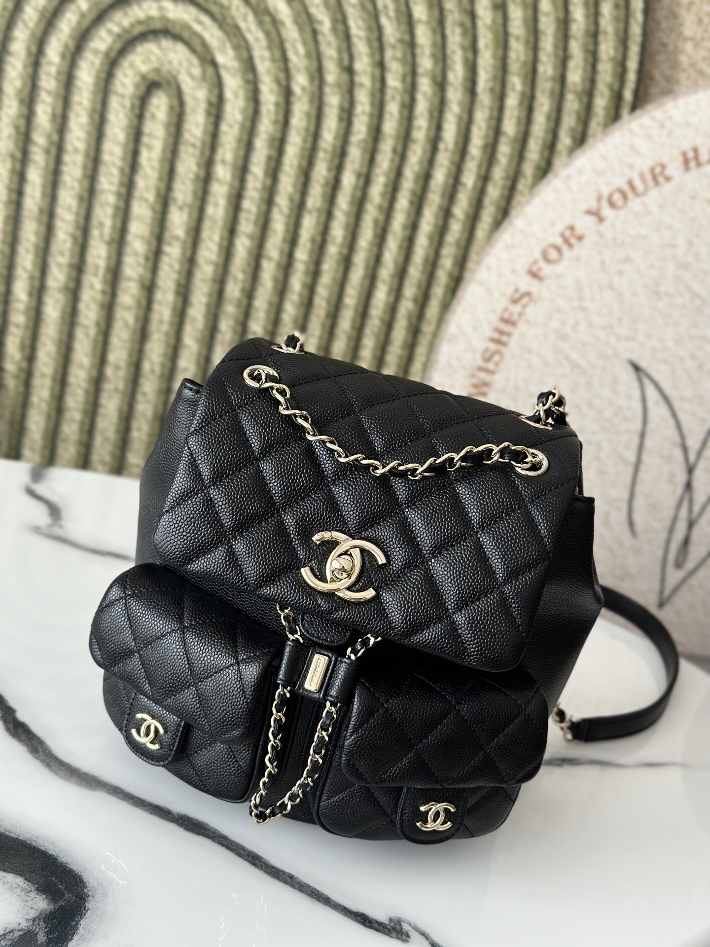 Classic Quilted Multi-Pocket Backpack in Black Caviar Leather with Gold-Tone Hardware - Mocuir