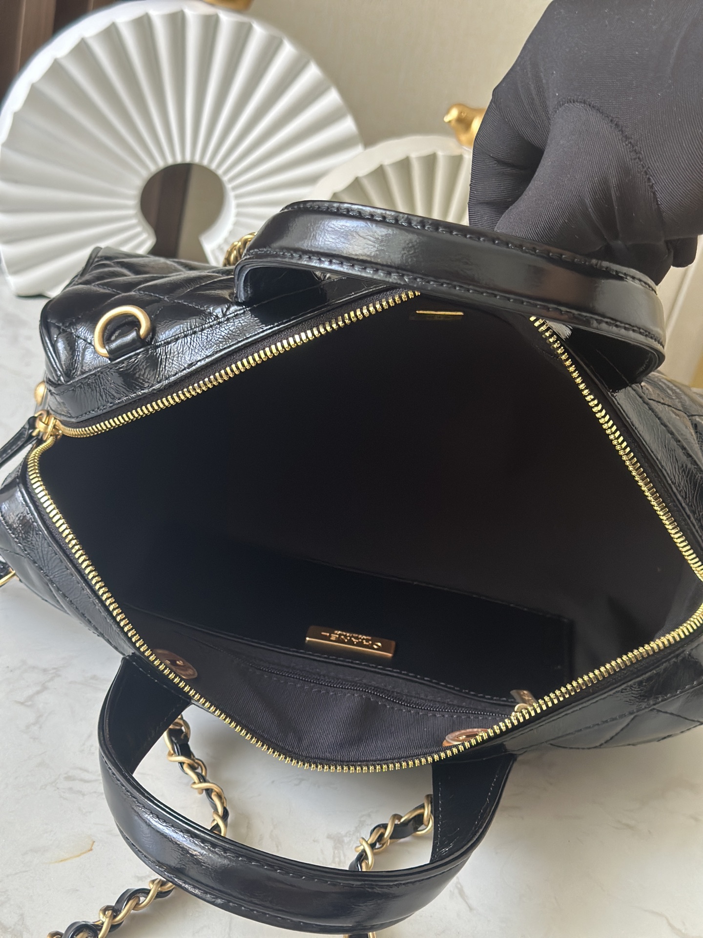 25A Small Bowling Bag in Black Quilted Crinkled Patent Calfskin with Gold-Tone Hardware - Mocuir