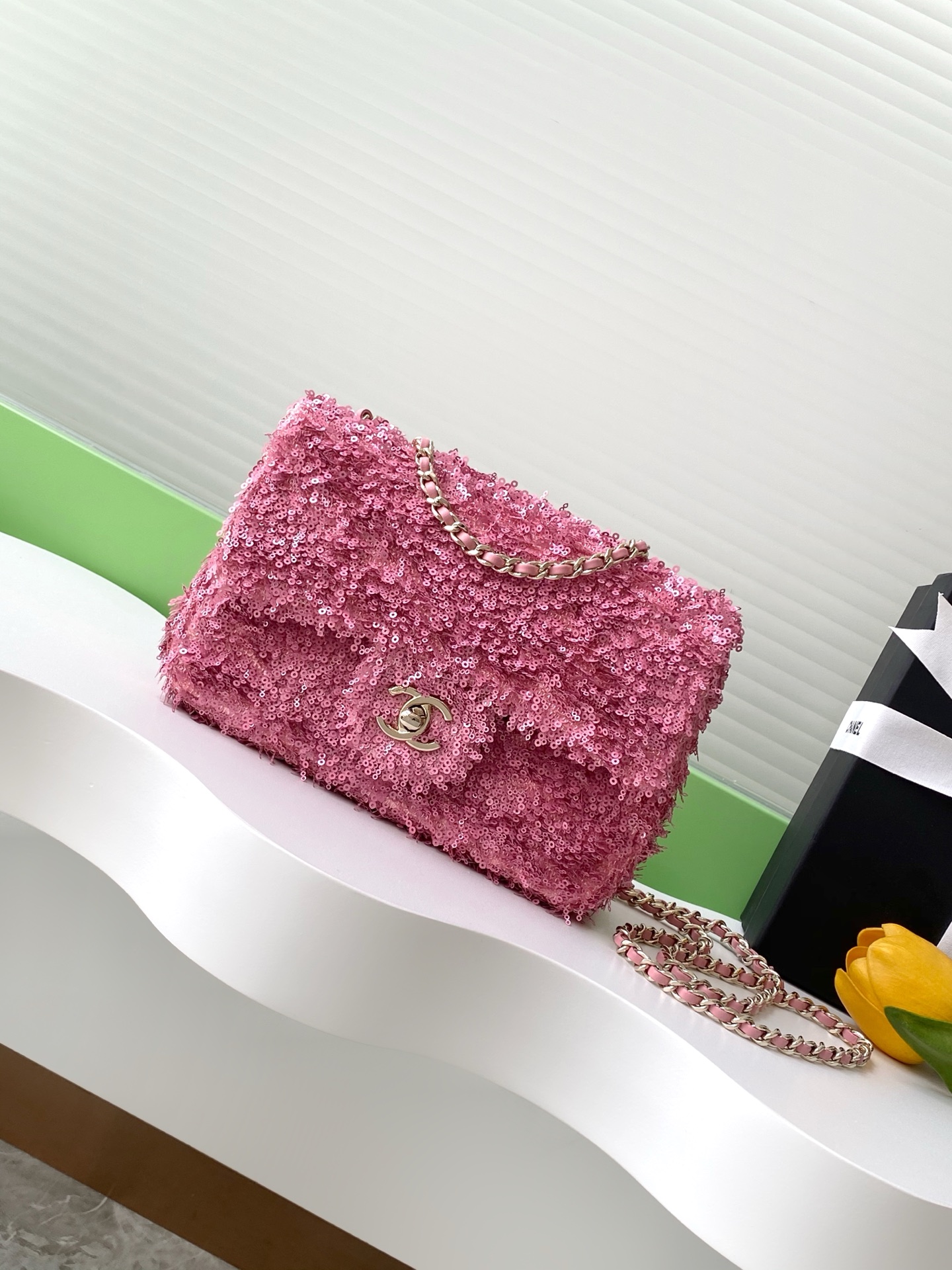2025 FallWinter Classic Flap Bag in Bright Pink Sequins (AS4561) with Light Gold-Tone Hardware - Mocuir