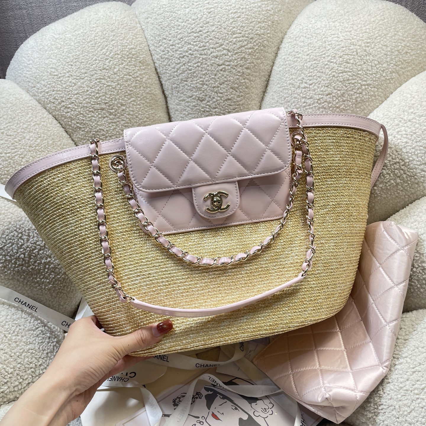 Straw & Lambskin Tote Bag with Pouch in Sakura Pink with Gold-Tone Hardware, 25C Cruise Collection - Mocuir