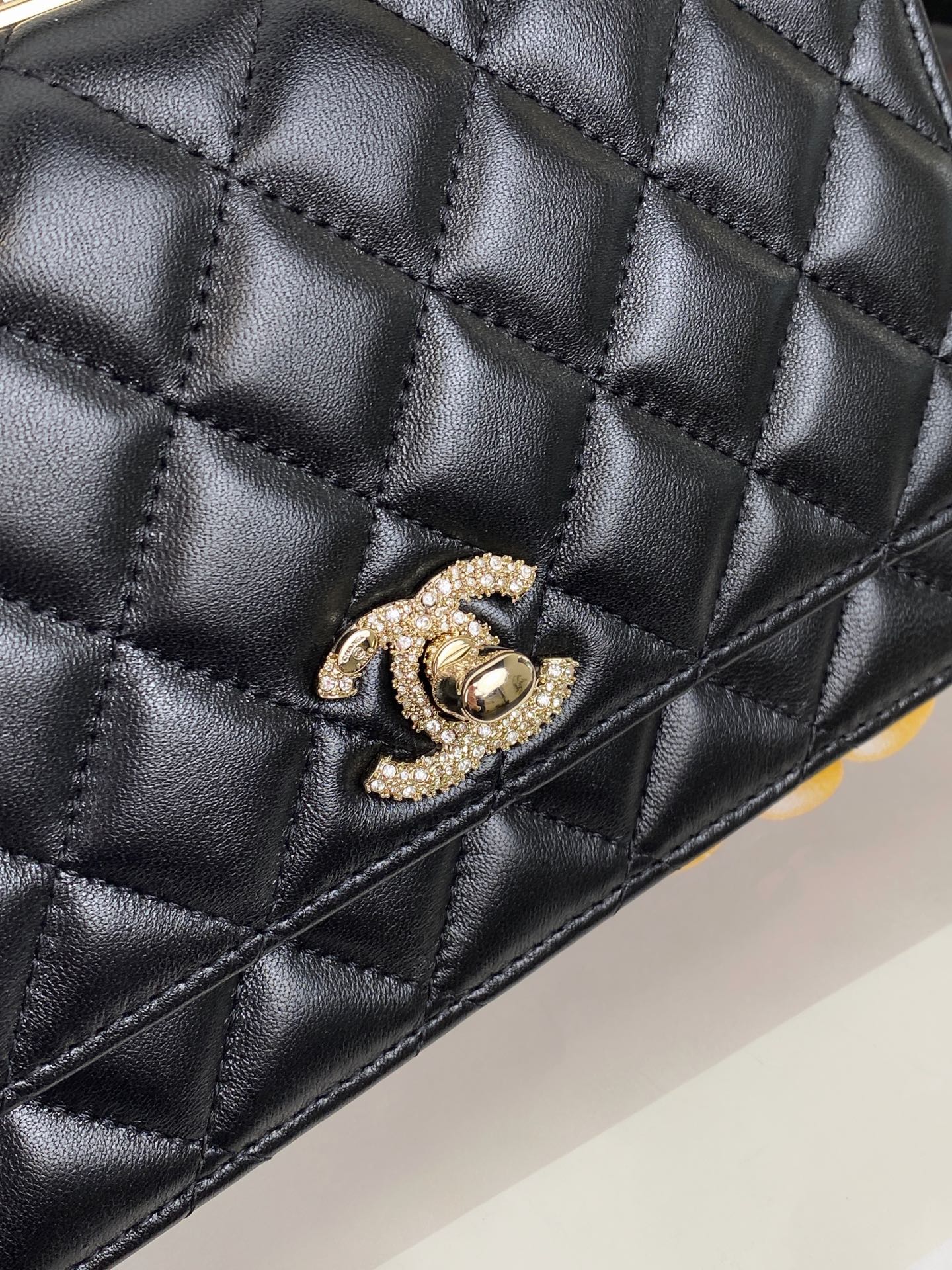 24C Trendy CC Wallet on Chain (WOC) with Handle in Black Lambskin with Crystal CC Gold Hardware (Model AM7652) - Mocuir