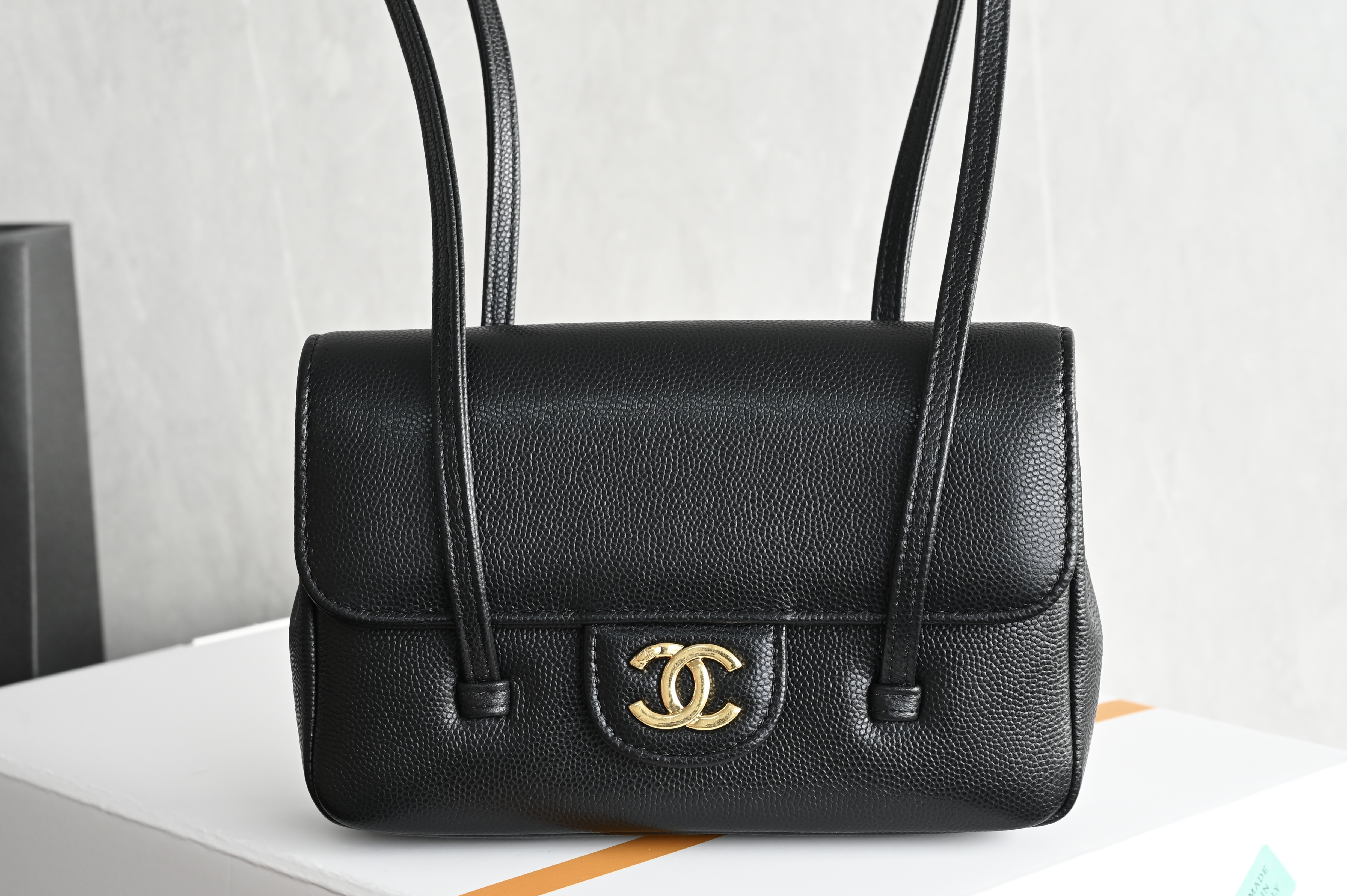 26S Preppy Coco Mini Flap Bag in Black Grained Shiny Calfskin with Gold-Tone Hardware - Mocuir
