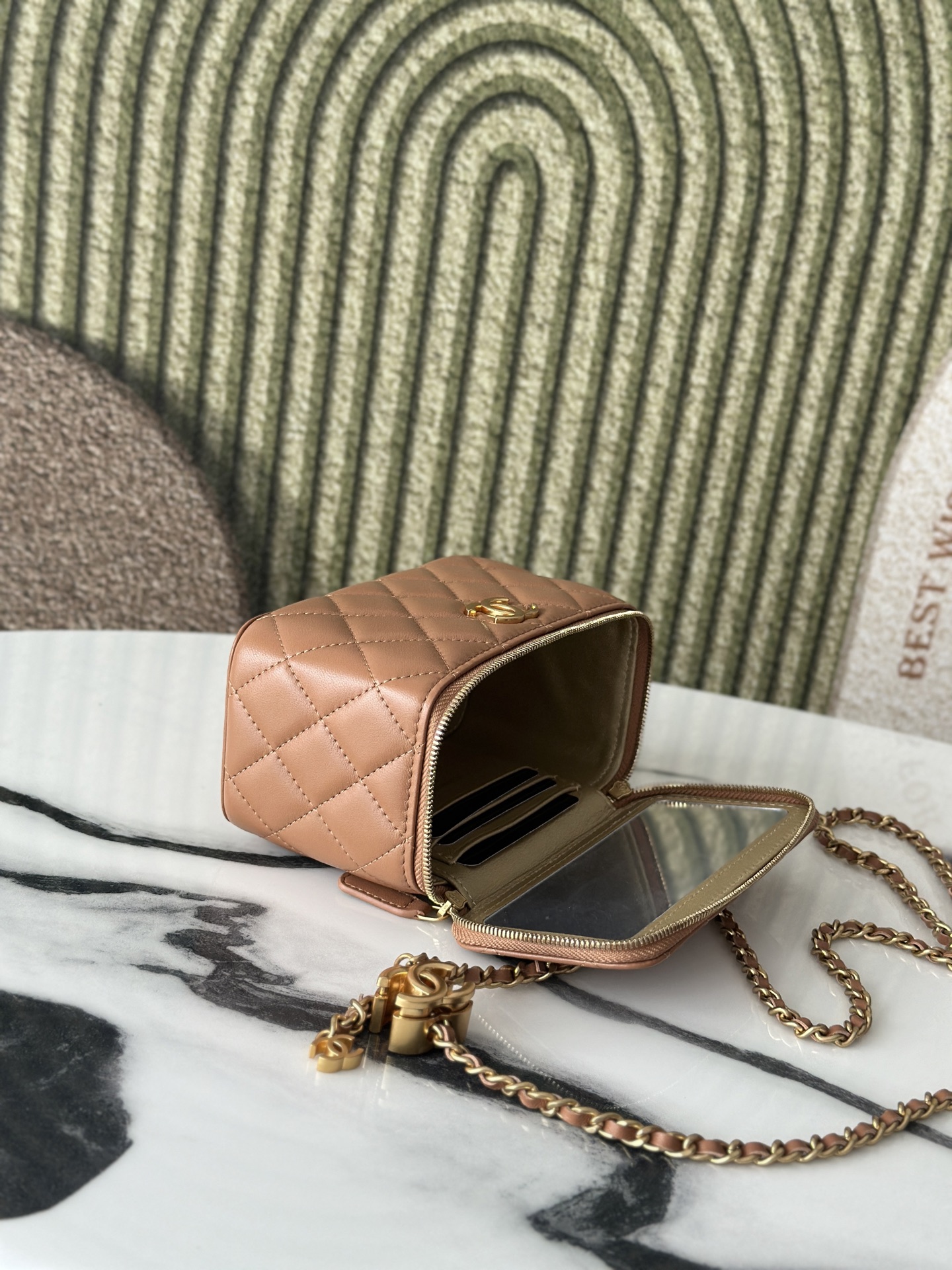 25B Caramel Quilted Lambskin Mini Vanity Case with Adjustable CC Chain and Gold-Tone Hardware - Mocuir