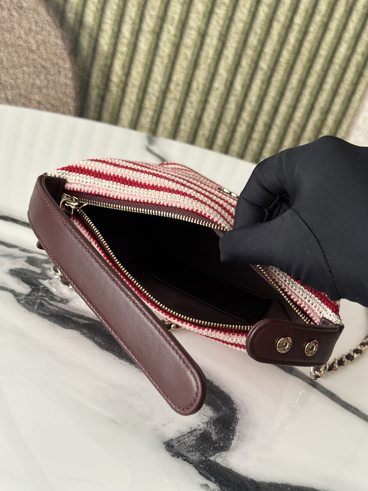 26P Cruise Mini Hobo Pouch with Chain in RedPinkWhite Striped Crochet and Lambskin with Light Gold-Tone Hardware - Mocuir