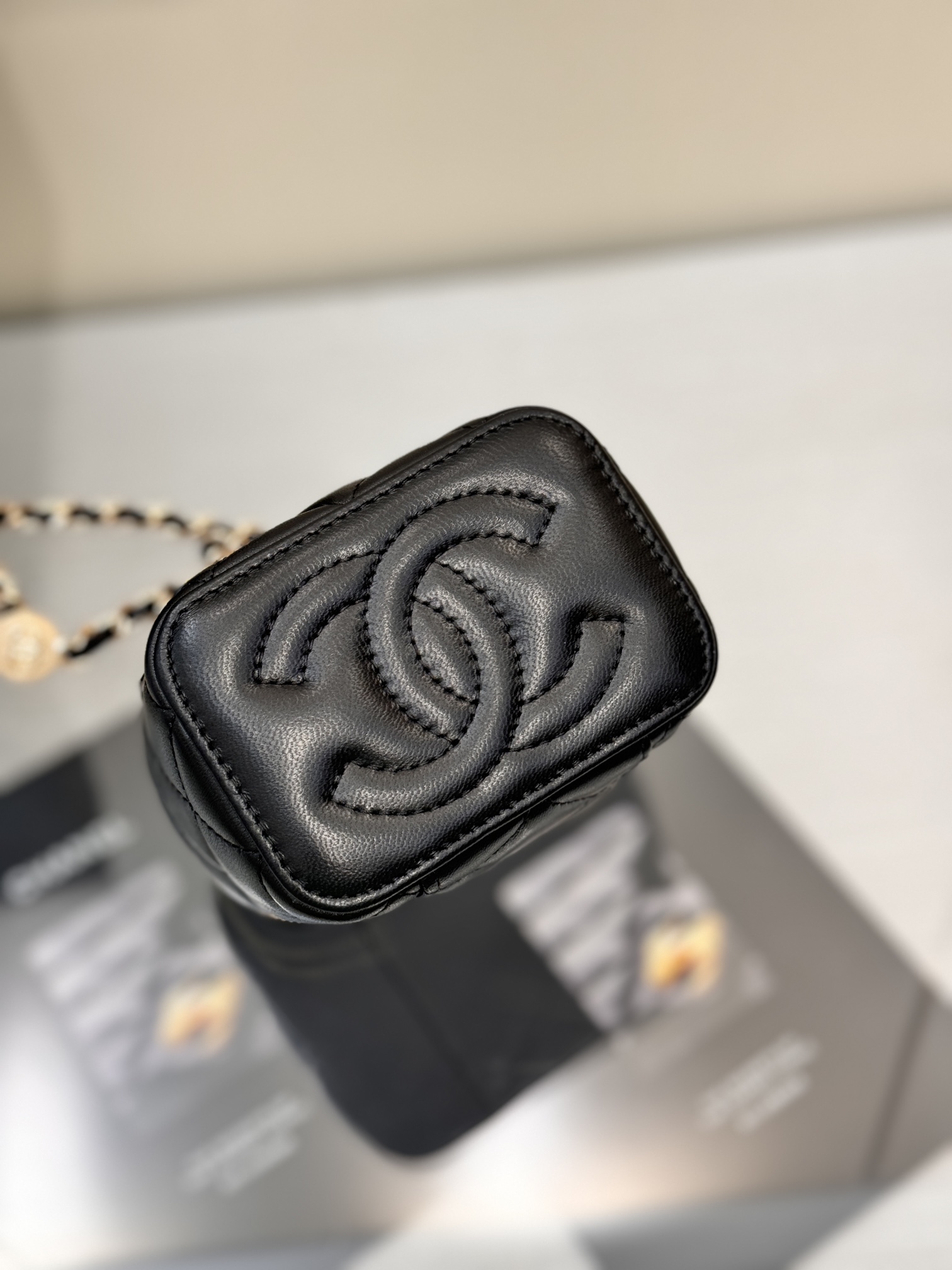 Mini Vanity Case with Chain in Black Quilted Calfskin with Crystal CC Logo & Light Gold-Tone Hardware - Mocuir