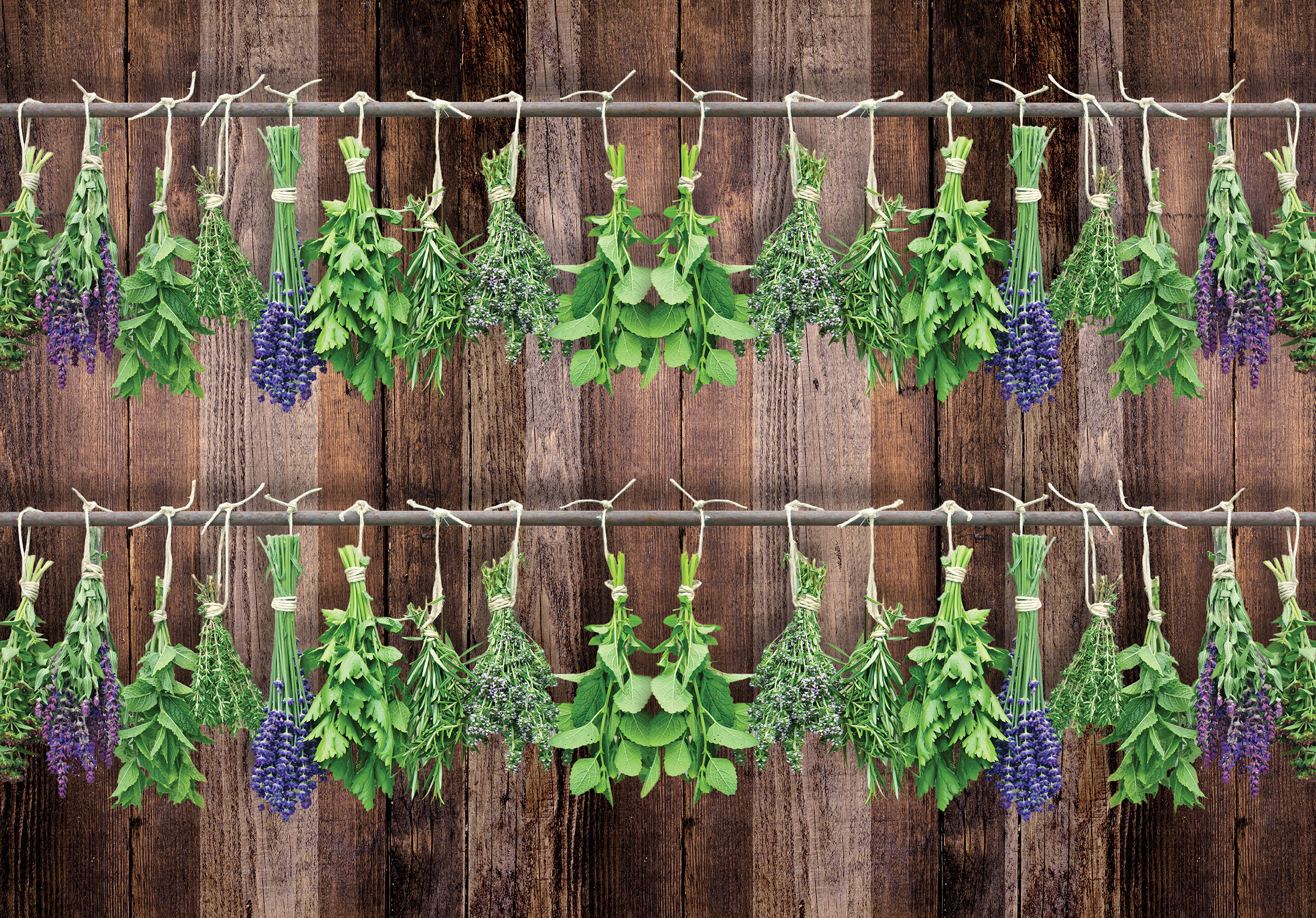 Wall mural featuring herbs and lavender in a dark wood kitchen and dining room with a rustic style