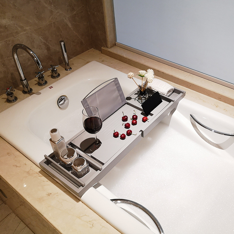 Bathtub storage rack bamboo multifunctional storage rack mobile phone bracket bathroom retractable bathroom storage rack