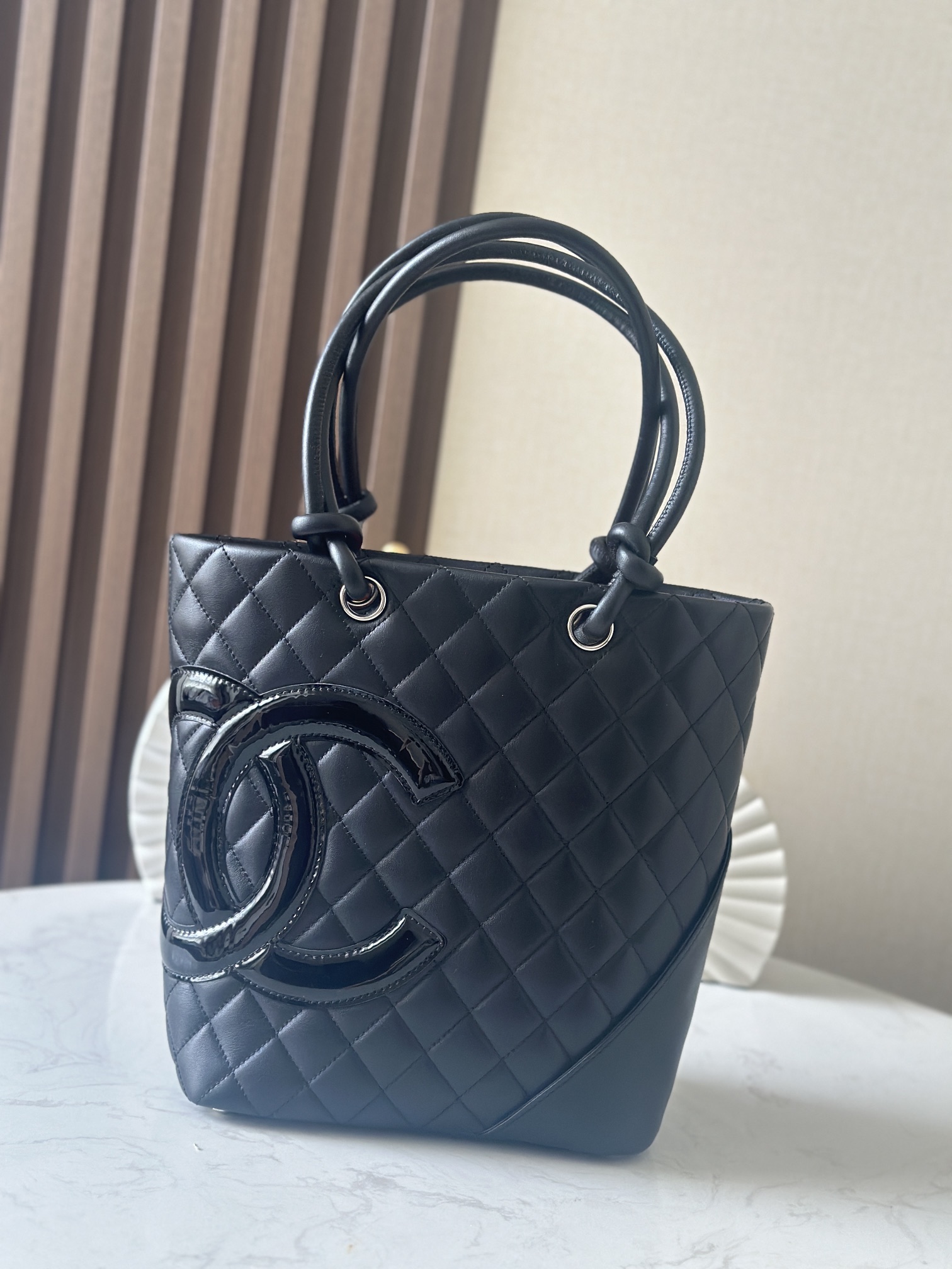 Black Quilted Cambon Small Tote Bag with Patent CC Logo - Mocuir