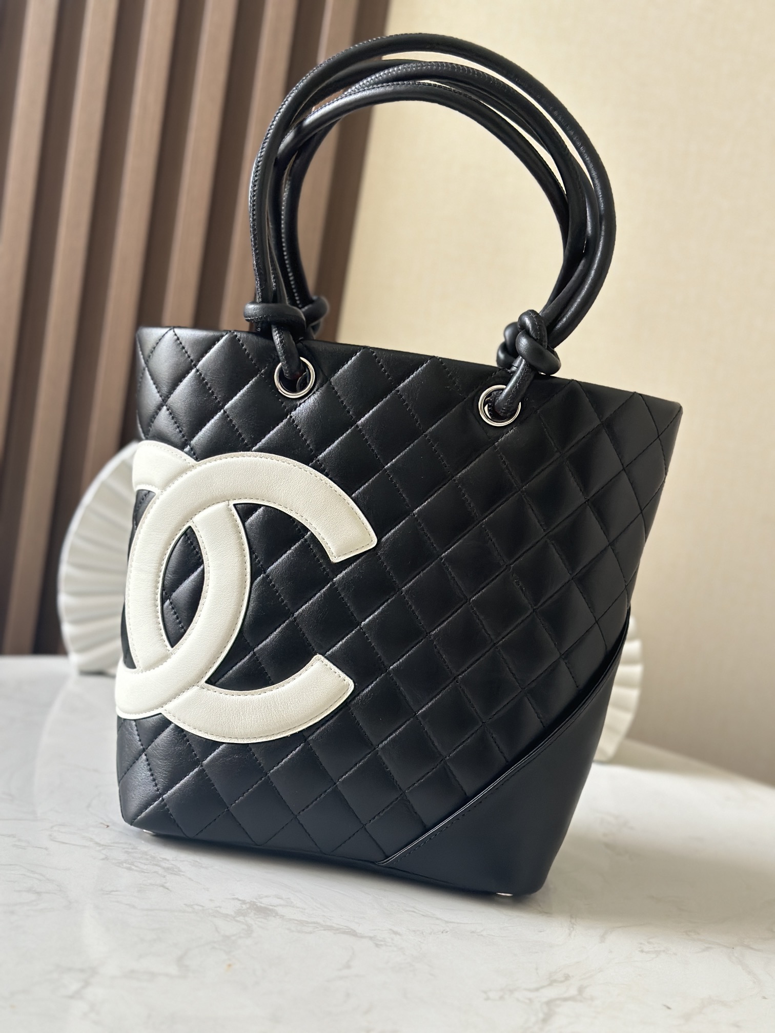 Black & White Quilted Cambon Small Tote Bag with Contrast CC Logo - Mocuir
