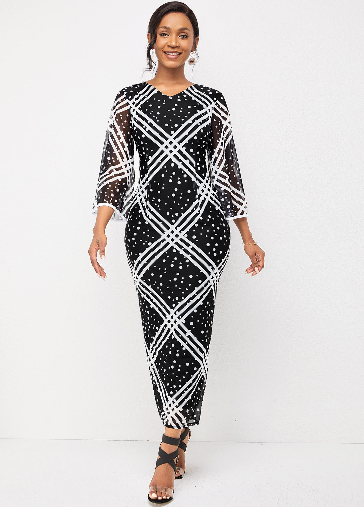 Flare Sleeve V Neck Striped and Polka Dot Dress