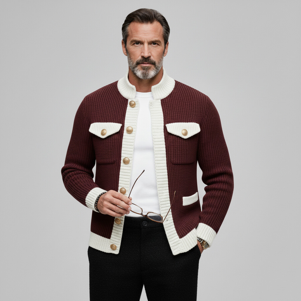 Men's Burgundy Contrast Trim Stand Collar Long Sleeve Single Breasted Knit Cardigan
