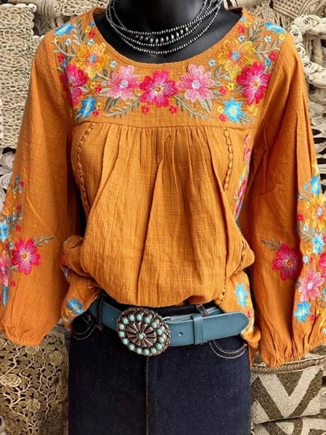 Boho Vintage Flowers A-Line 3/4 Sleeve Tops
