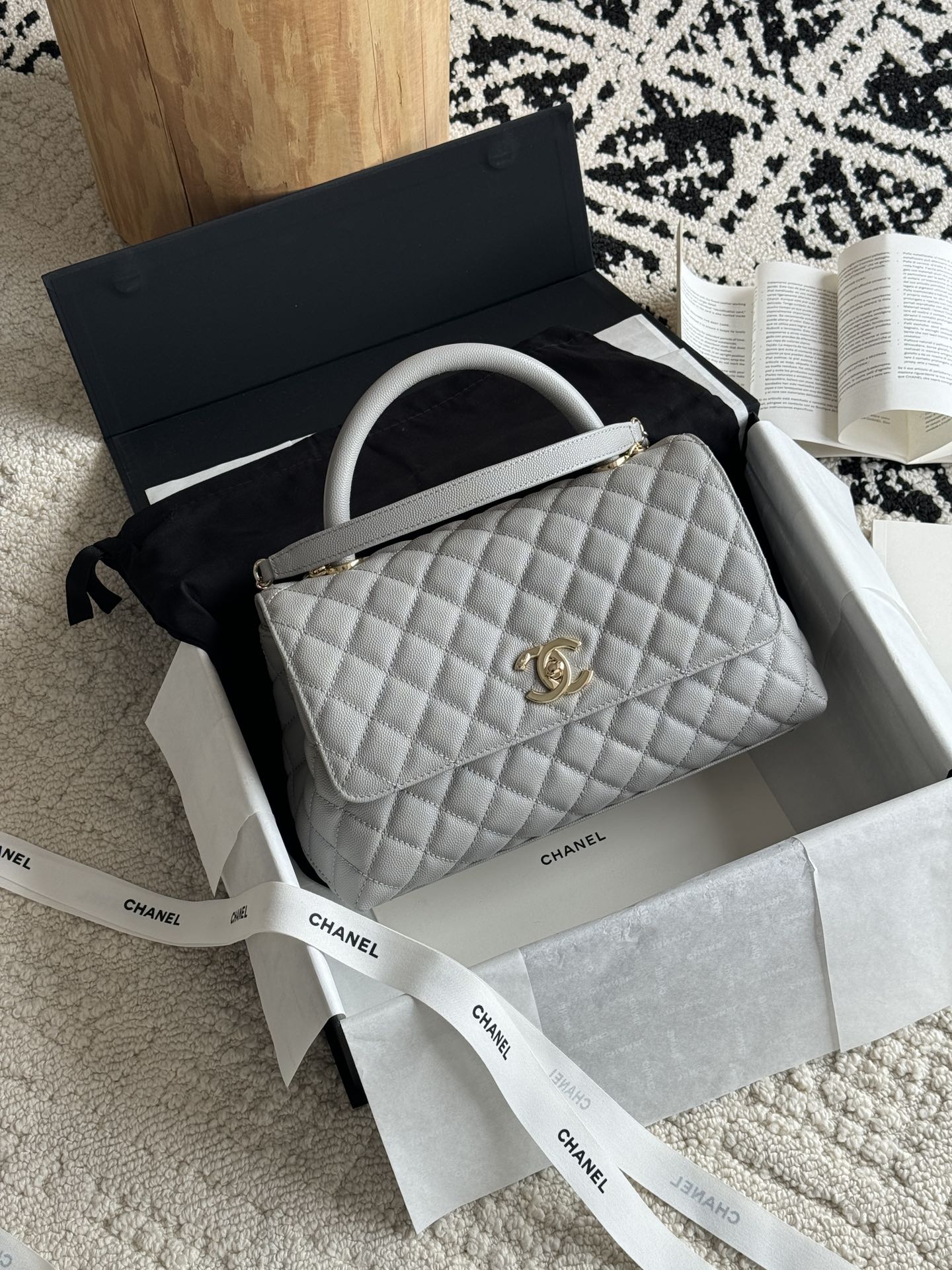 Small Coco Handle Flap Bag in Light Grey Quilted Caviar Leather with Light Gold-Tone Hardware - Mocuir