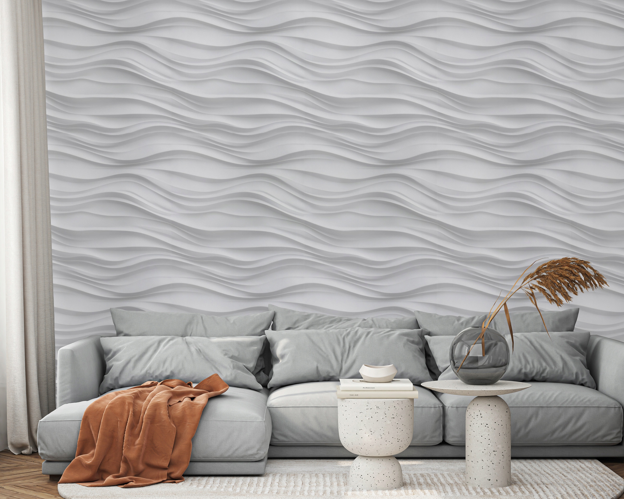 Abstract 3D white and gray wave wallpaper on non-woven fabric for living room and bedroom walls