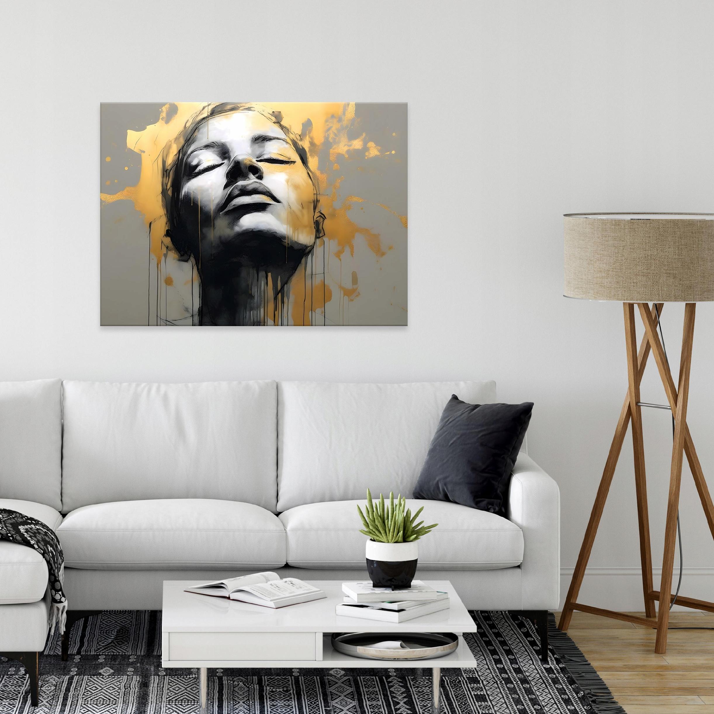 Painting woman face abstraction gray gold 60x40