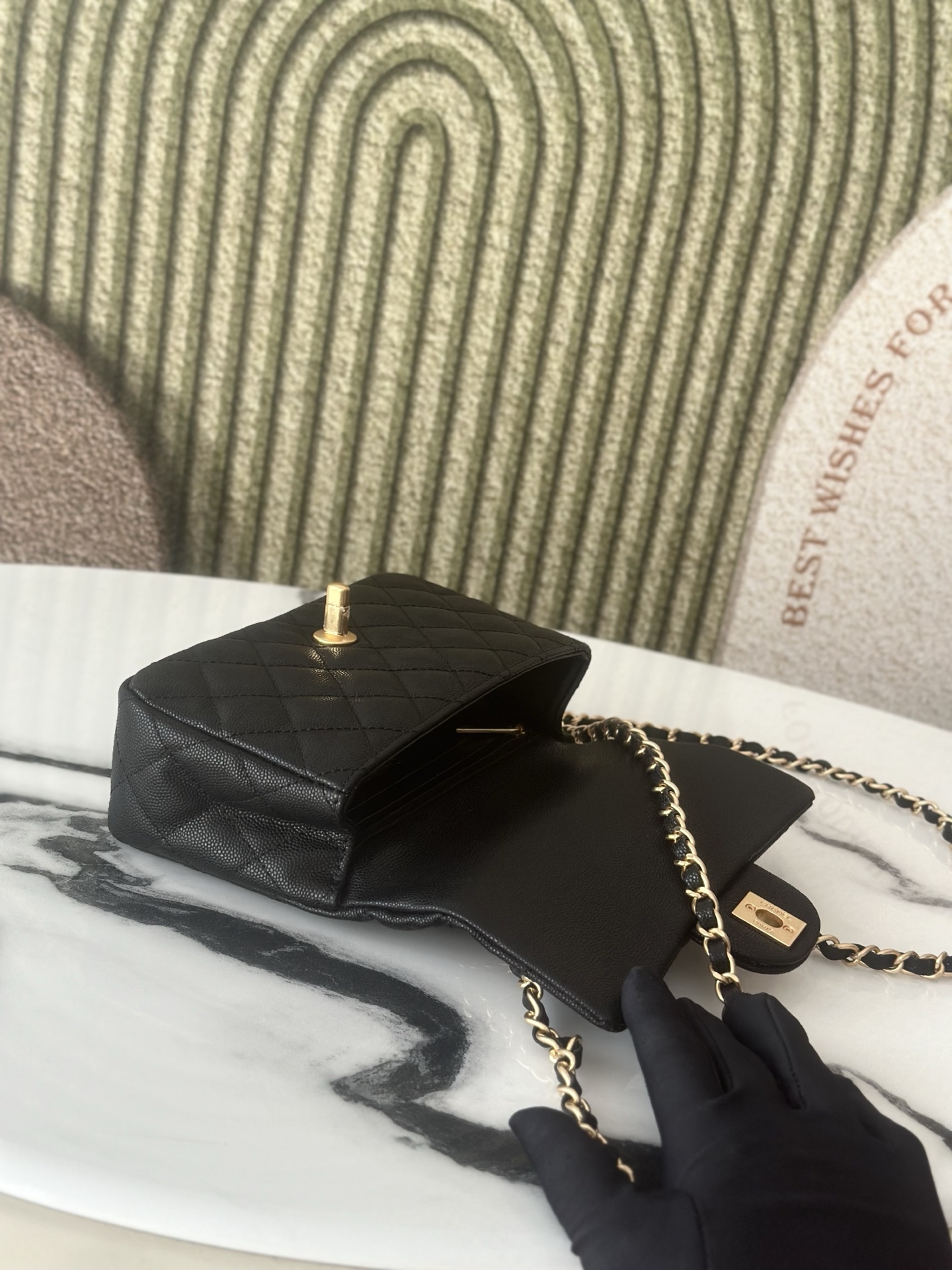 Classic Flap Mini with Top Handle in Black Quilted Caviar Leather with Gold-Tone Hardware - Mocuir