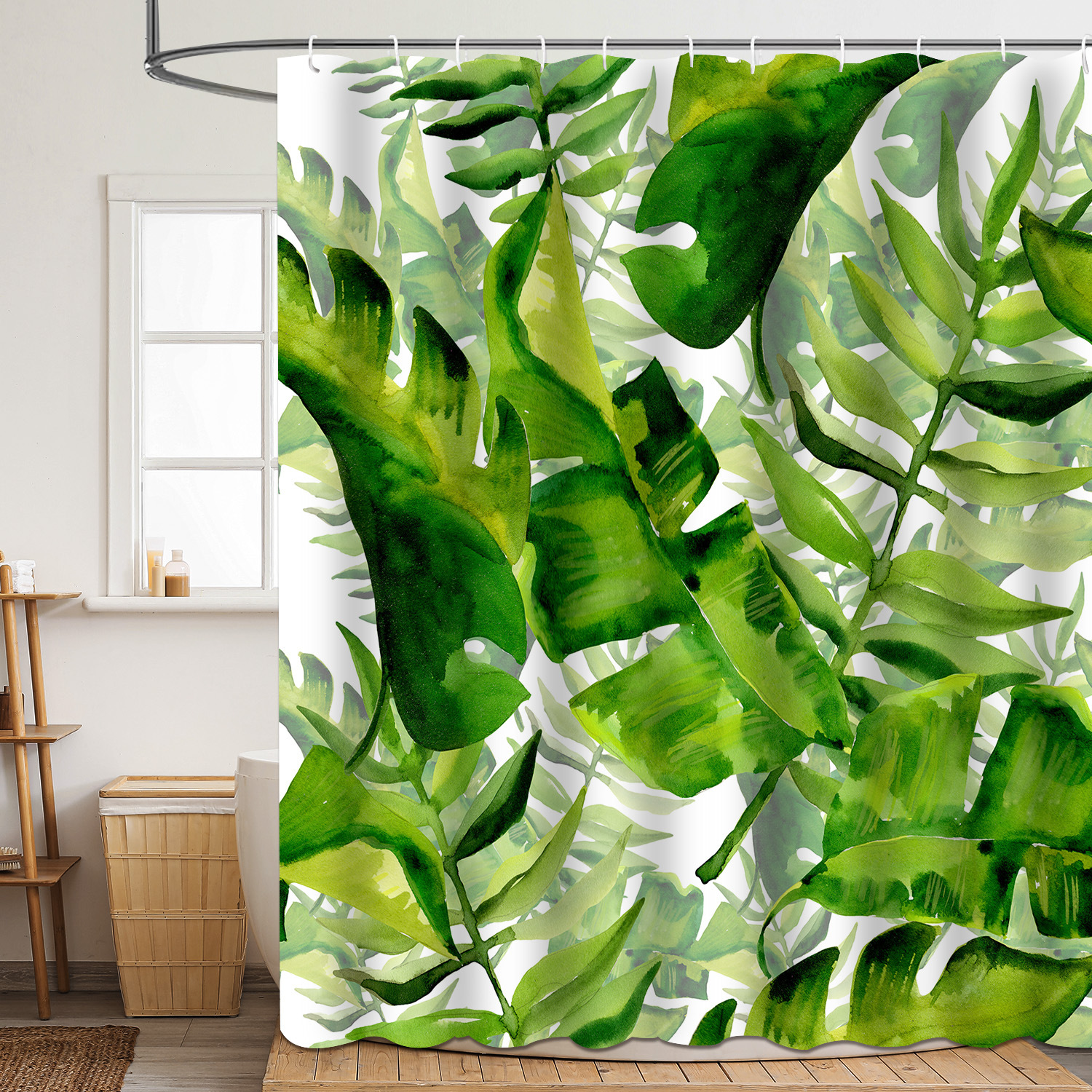 Shower curtain green plant leaf polyester 3d digital printing waterproof and mildew-proof shower bathroom partition