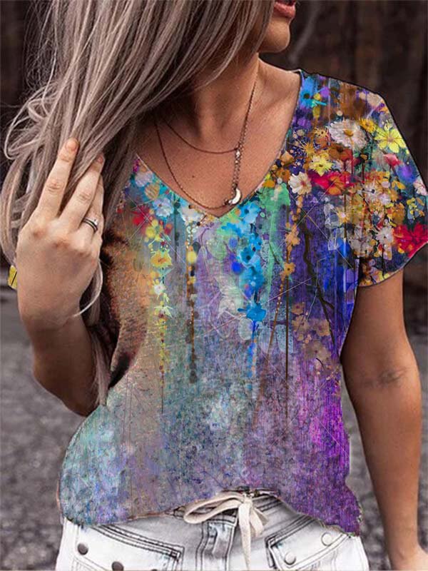 V Neck Resort Short Sleeve Floral Shirts & Tops