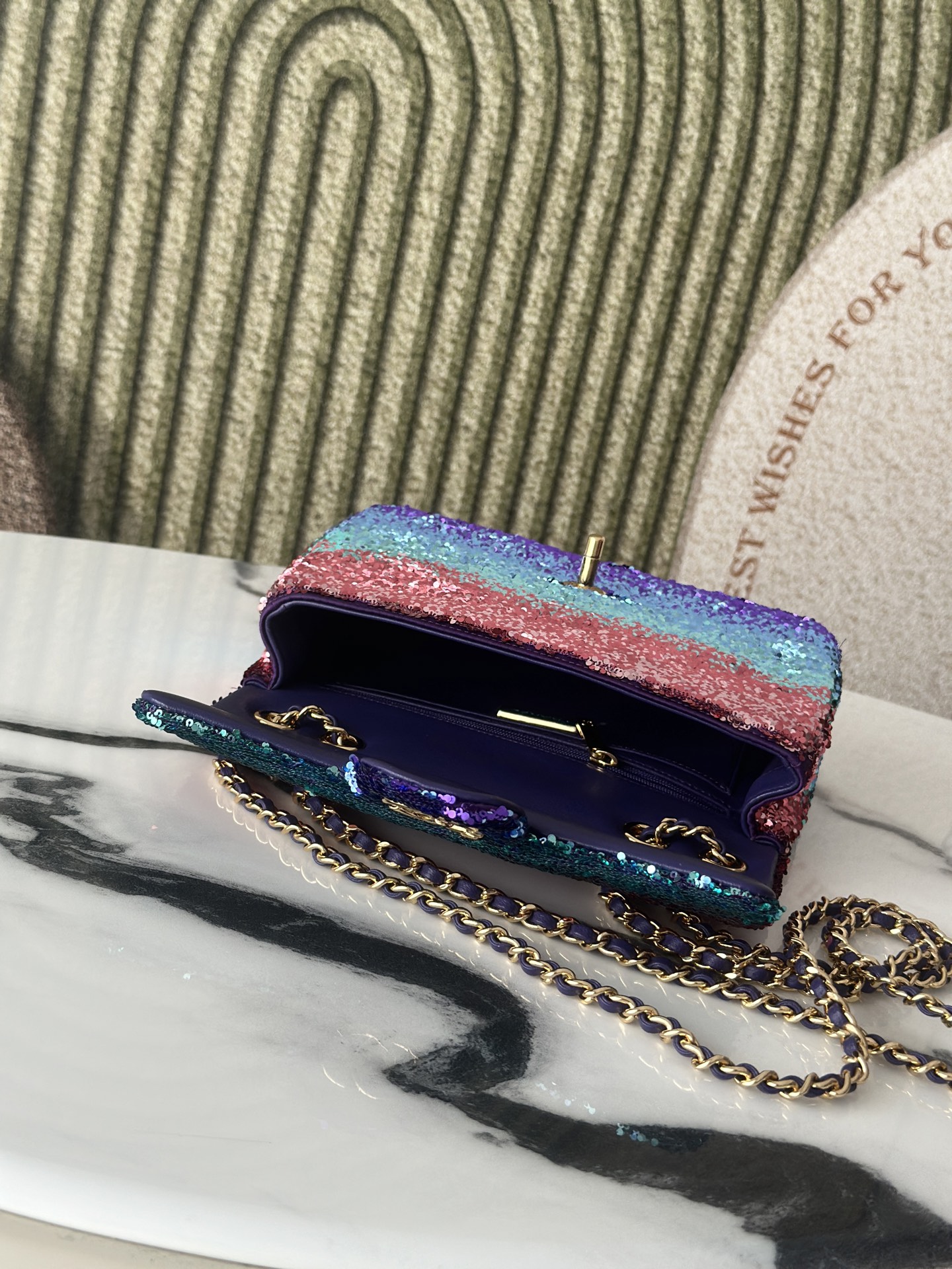 Limited Edition Ombré Rainbow Sequin Mini Classic Flap Bag with Gold-Tone Hardware - Mocuir
