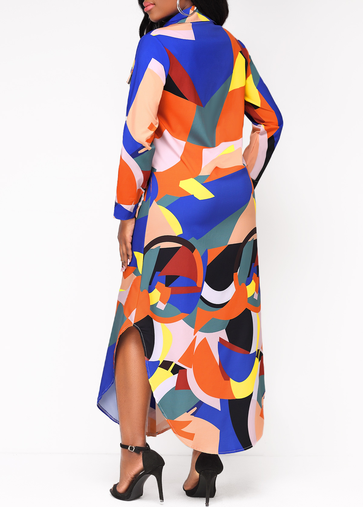 Geometric Print Button Up Long Sleeve Maxi Dress