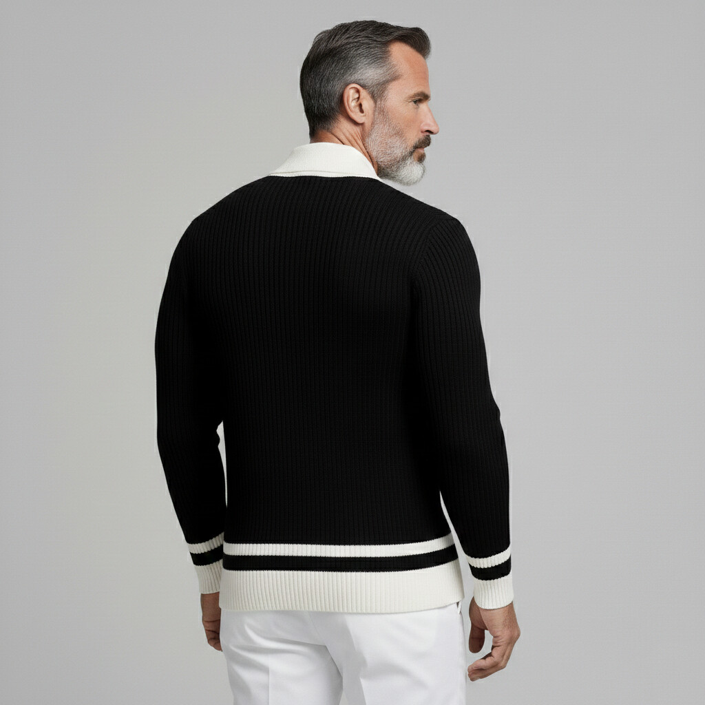 [Pre-Order] Men's Casual Black Contrast Color Shirt Collar Long Sleeve Single Breasted Knit Cardigans