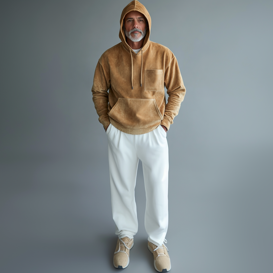 Men's Suede Chest Pocket Long Sleeve Drawstring Casual Hoodie