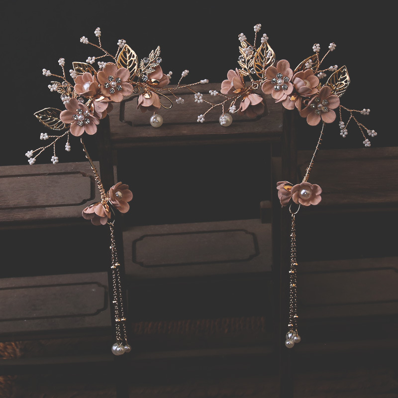 Bridal headdress pink and white flower earrings accessories combination of colorful bridal wedding dinner set ear rings